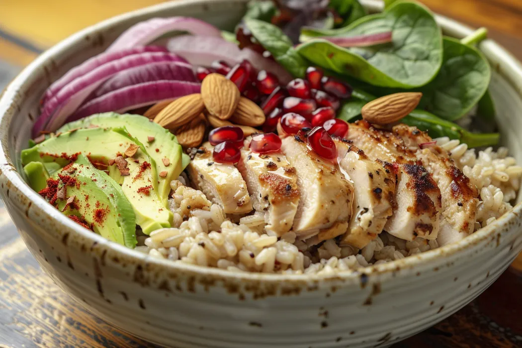 A chicken hummus bowl with mixed grains, avocado, red onion, pomegranate seeds, baby spinach, and toasted almonds