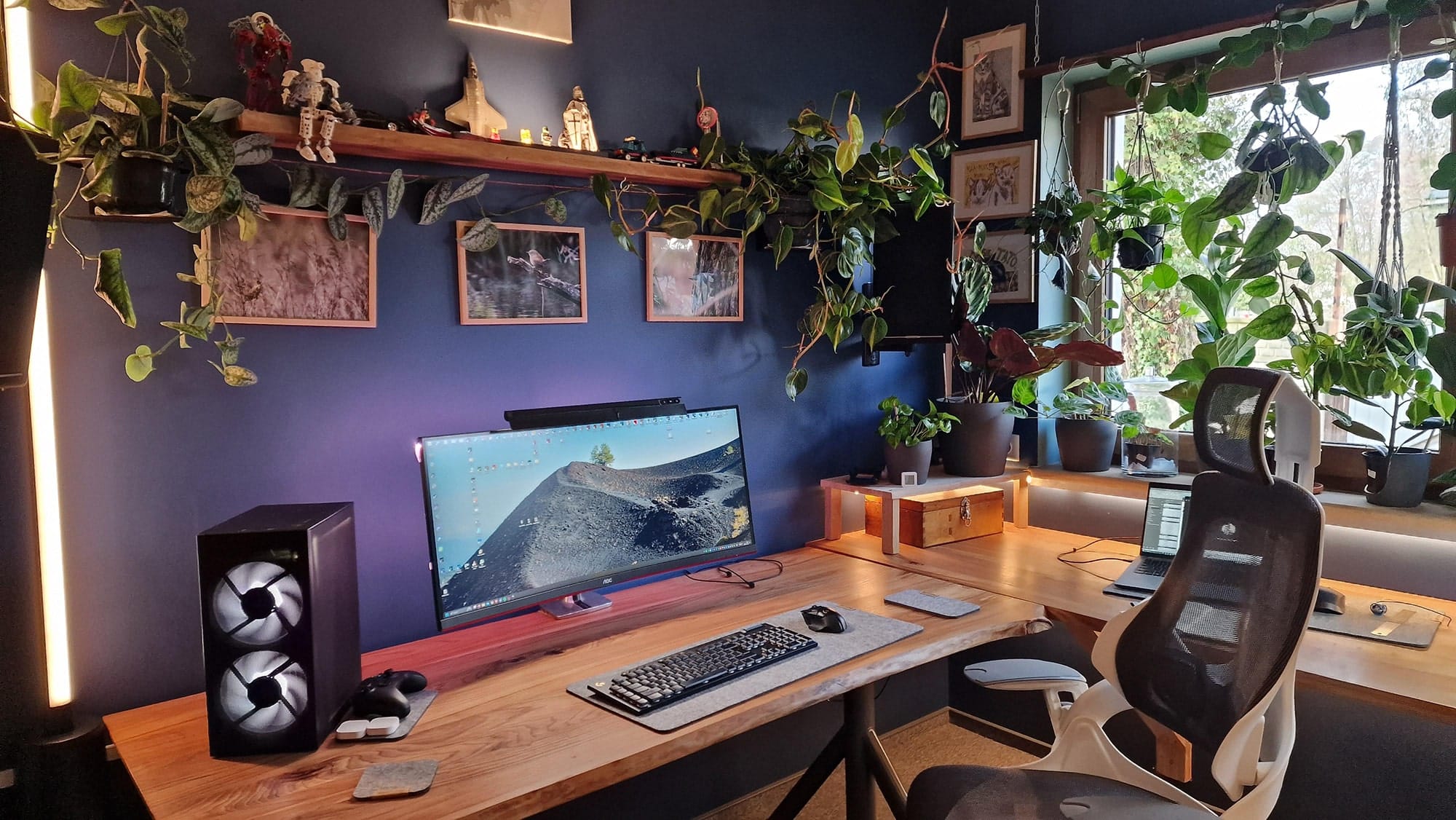 A spacious and modern home office adorned with lush green plant and a spacious L-shaped desk