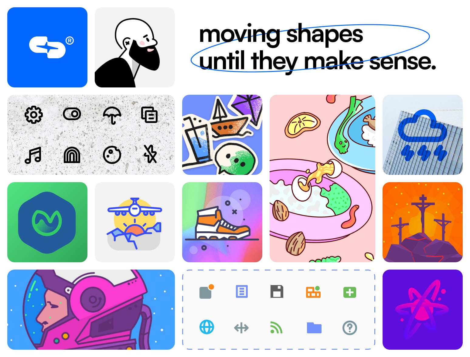 A vibrant collage of various icons and images including a man's face, artistic illustrations of food, technological symbols, and quirky designs, accompanied by the phrase “moving shapes until they make sense”