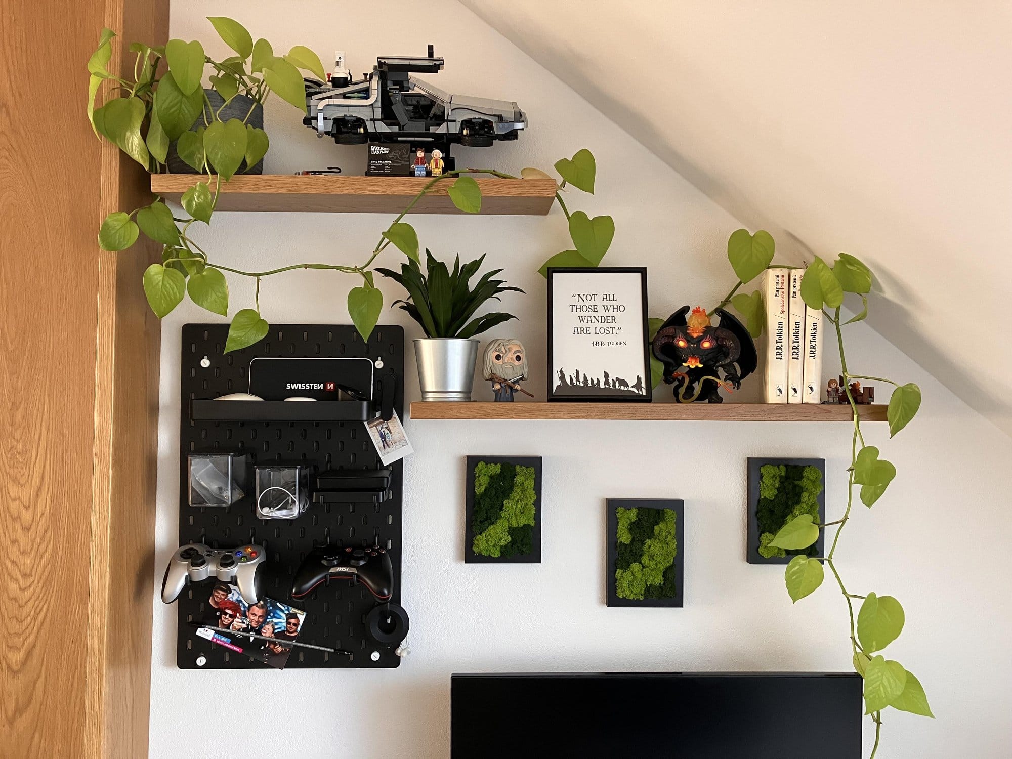 Shelves with plants and decor including a model car, books, framed quote, and figurines, alongside a pegboard holding gaming controllers and accessories