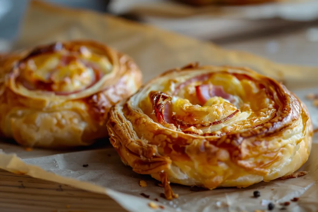 Two ham and cheese pinwheels made from puff pastry