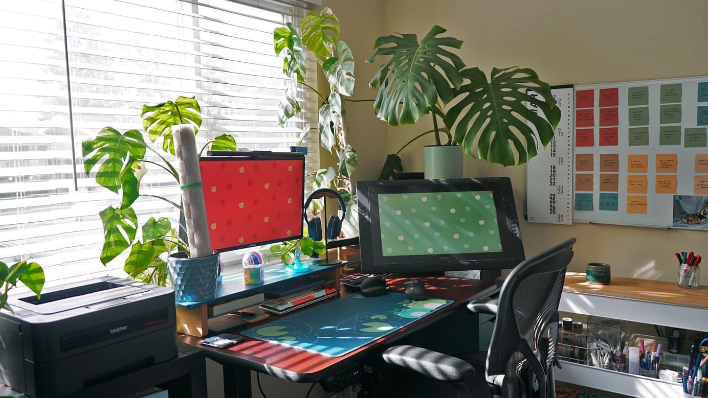 A well-organised desk setup in a small apartment