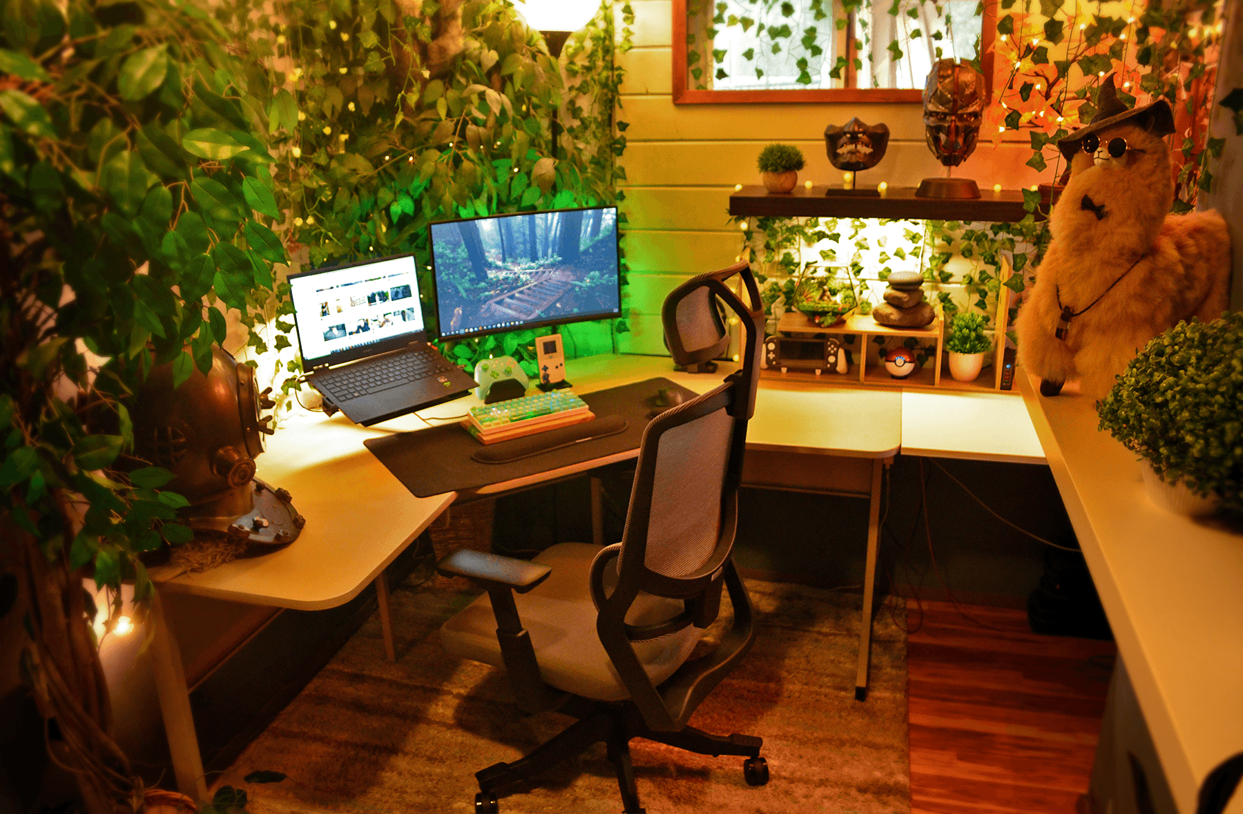 A green home office in a den with an artificial plant wall