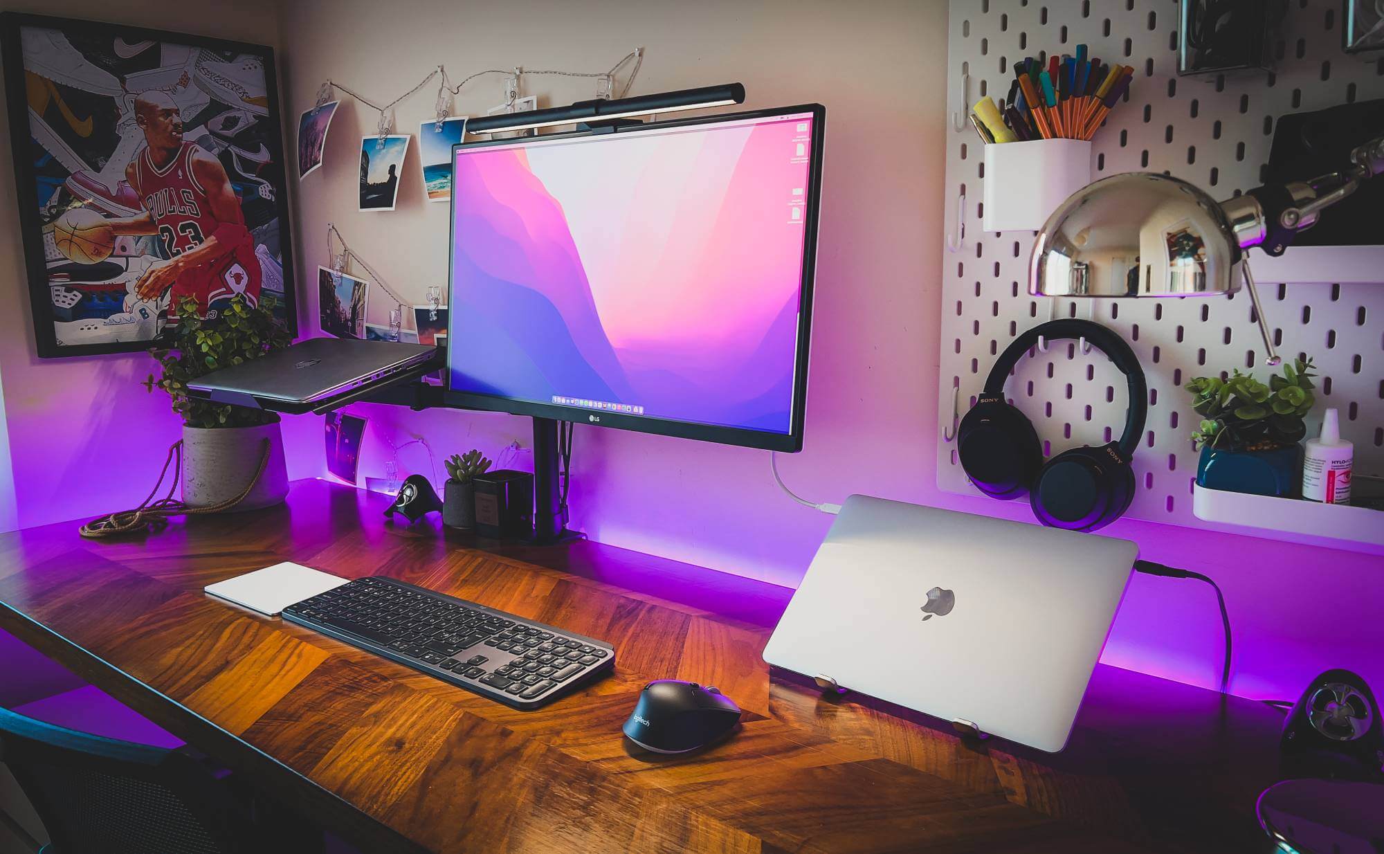 A productive desk setup with a BenQ screenbar monitor light