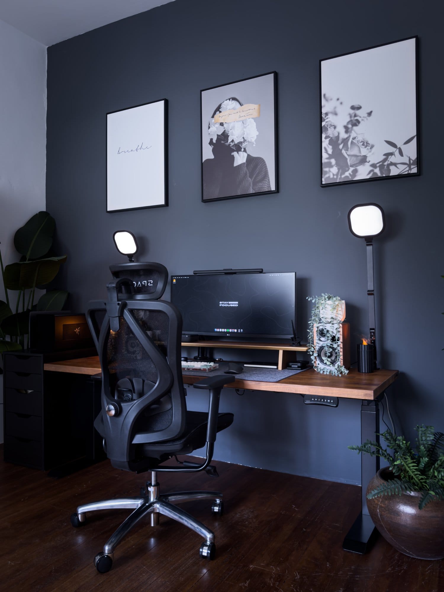 A home office setup featuring an LG 34WK650 monitor, illuminated by a Xiaomi Light Bar, accompanied by a Switch Couture Frosted Acrylic Alice keyboard, Logitech MX Master 3 mouse, and Edifier R1280T speakers, with a MacBook Pro 2018 housed in a Razer Core X eGPU, and and a SPACE Ergonomic Seat Pro chair