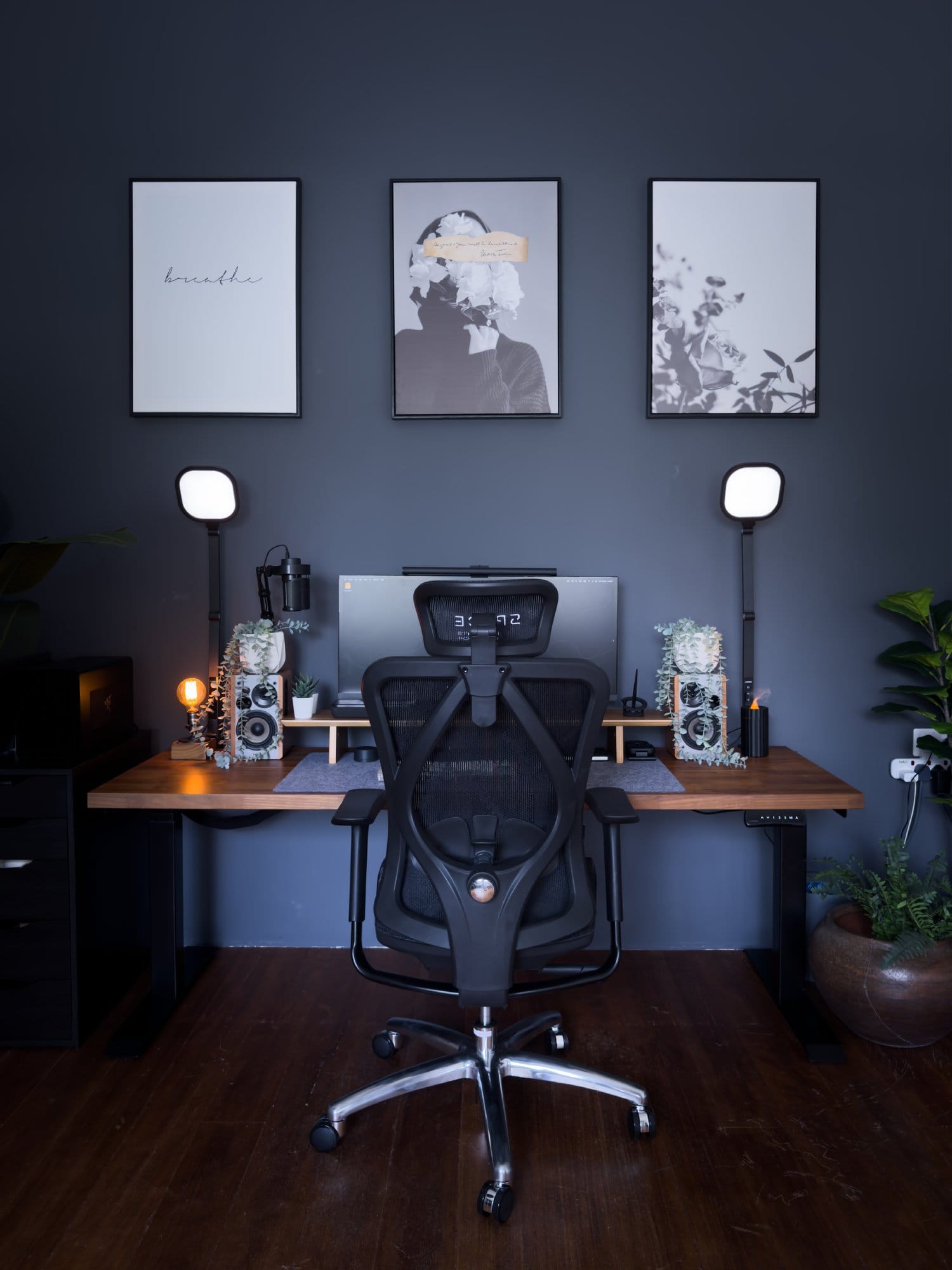 A clean and organised home office featuring an LG 34WK650 monitor, SPACE Ergonomic Seat Pro chair, and Switch Couture Frosted Acrylic Alice keyboard, with Edifier R1280T speakers, framed artwork, and warm ambient lighting