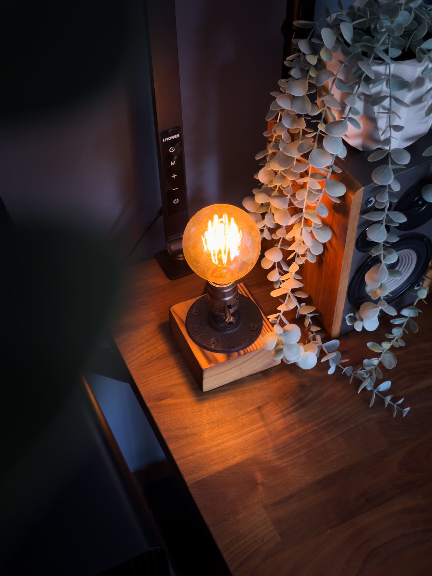 A cozy desk corner featuring a vintage-style bulb lamp next to a plant and an Edifier R1280T speaker