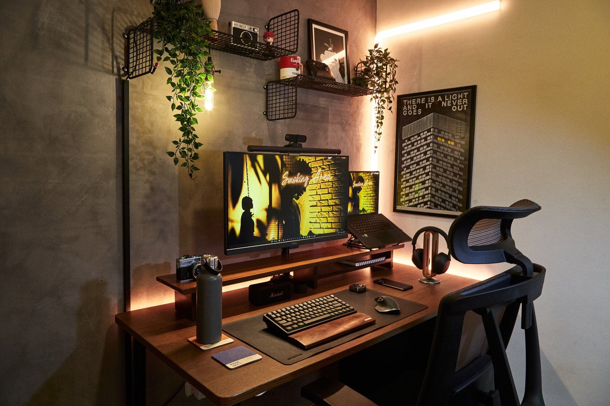 An industrial home office setup with limewash paint on the walls