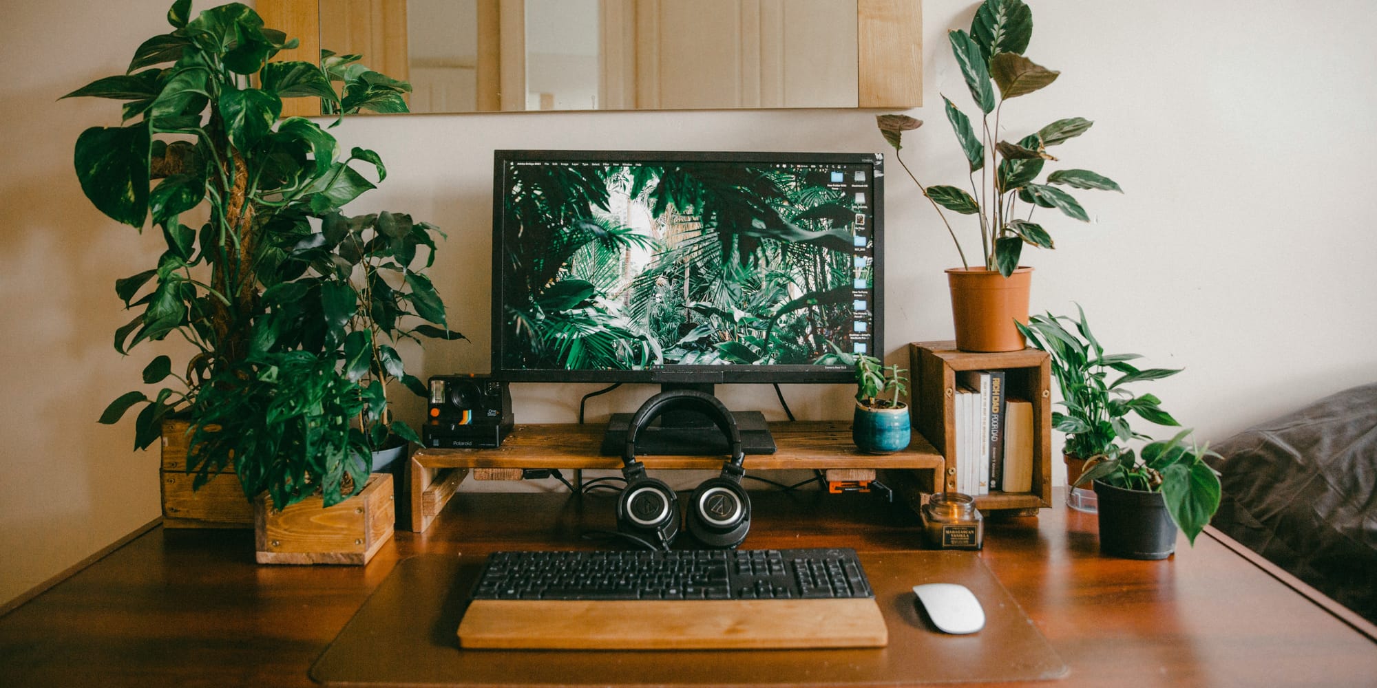 A home office setup featuring a computer monitor surrounded by lush green plants