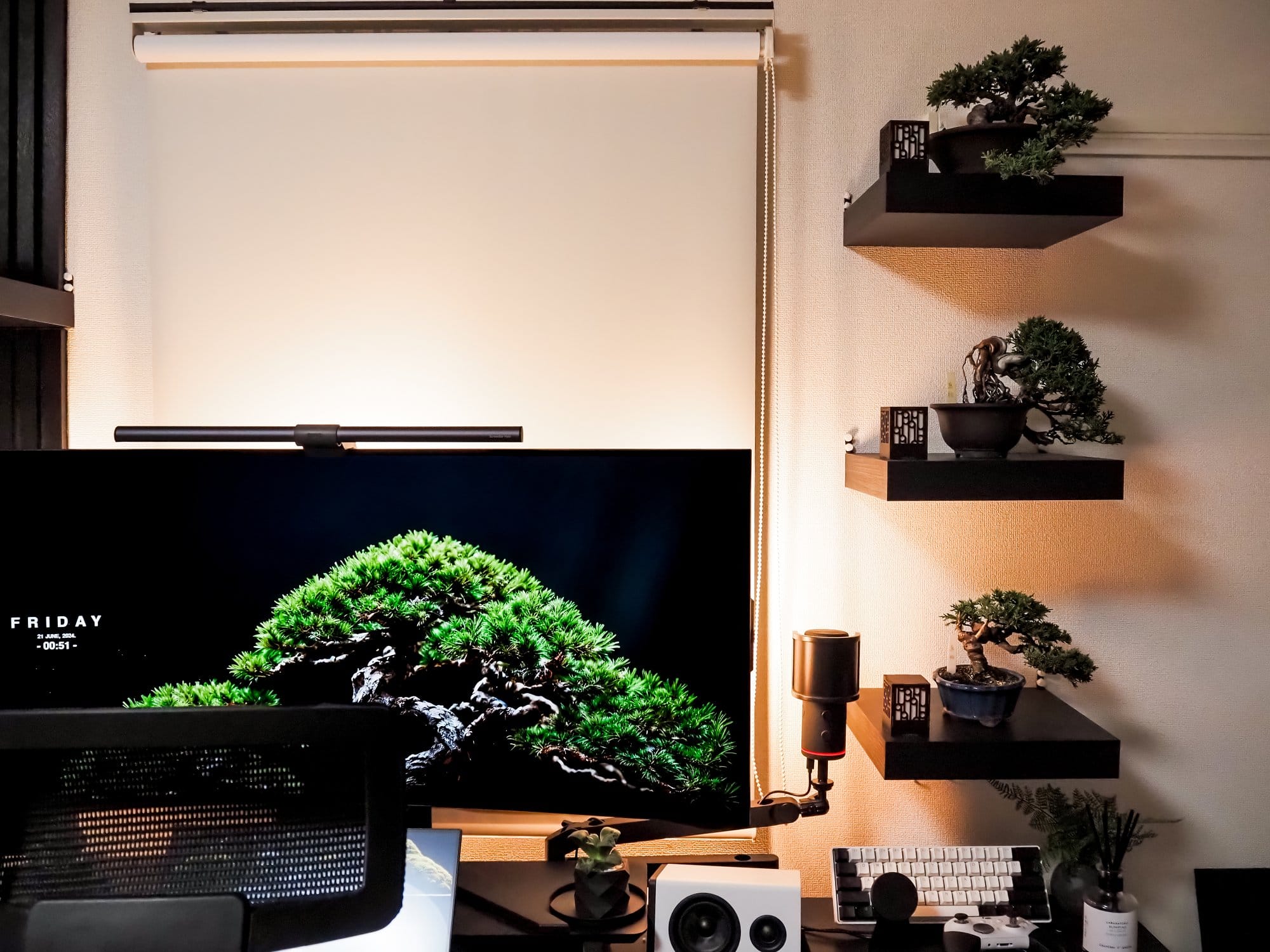 A stylish workspace featuring a Corsair XENEON FLEX 45WQHD240 monitor with a BenQ ScreenBar Halo light bar, surrounded by meticulously placed bonsai trees