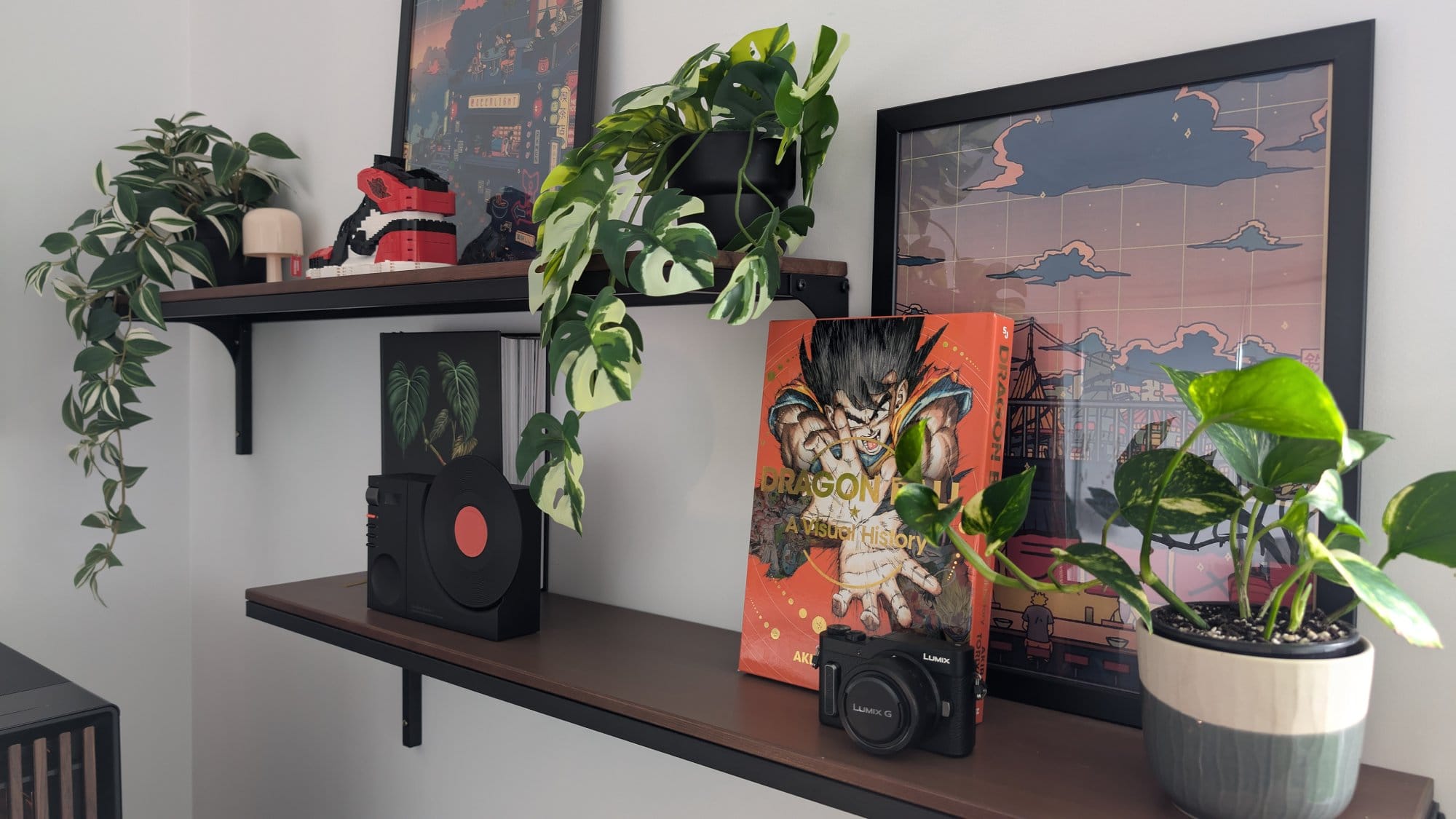 A shelf display featuring vibrant plants, anime art, and collectibles, including a “Dragon Ball: A Visual History” book and a Lumix G camera