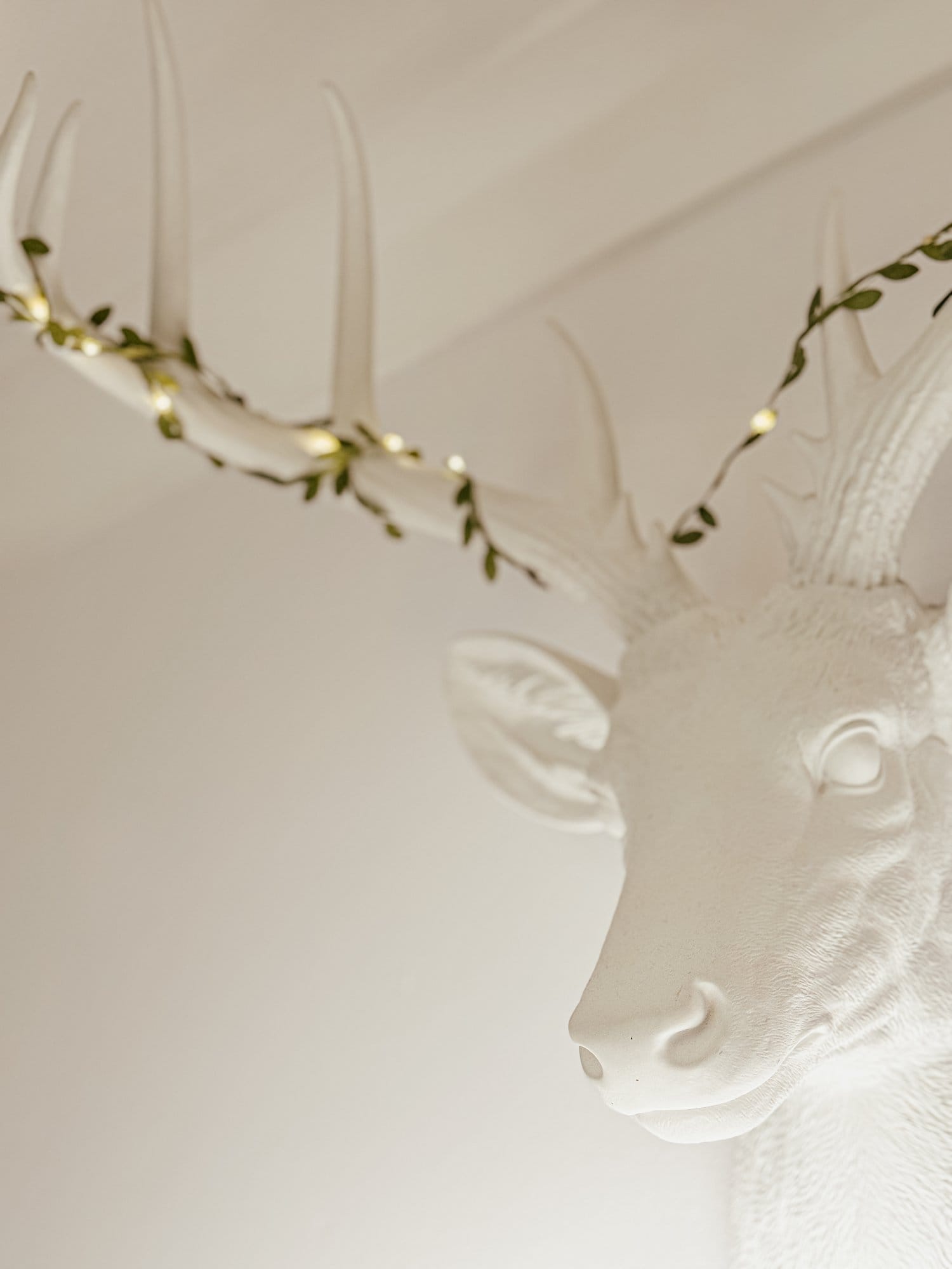 A minimalist and artistic wall decoration featuring a white deer head with antlers wrapped in delicate string lights and small green leaves