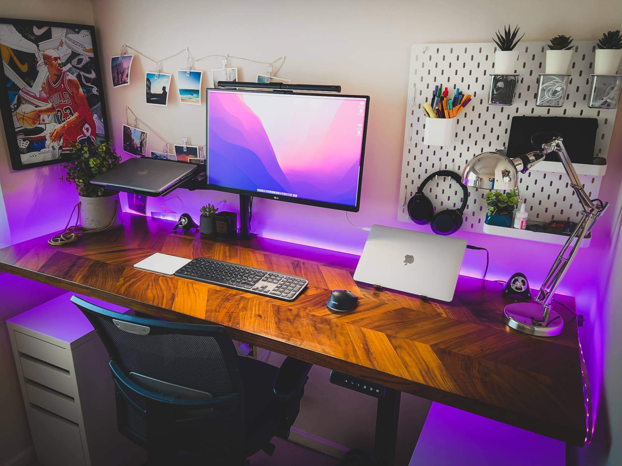 A modern home office with Govee LED lights