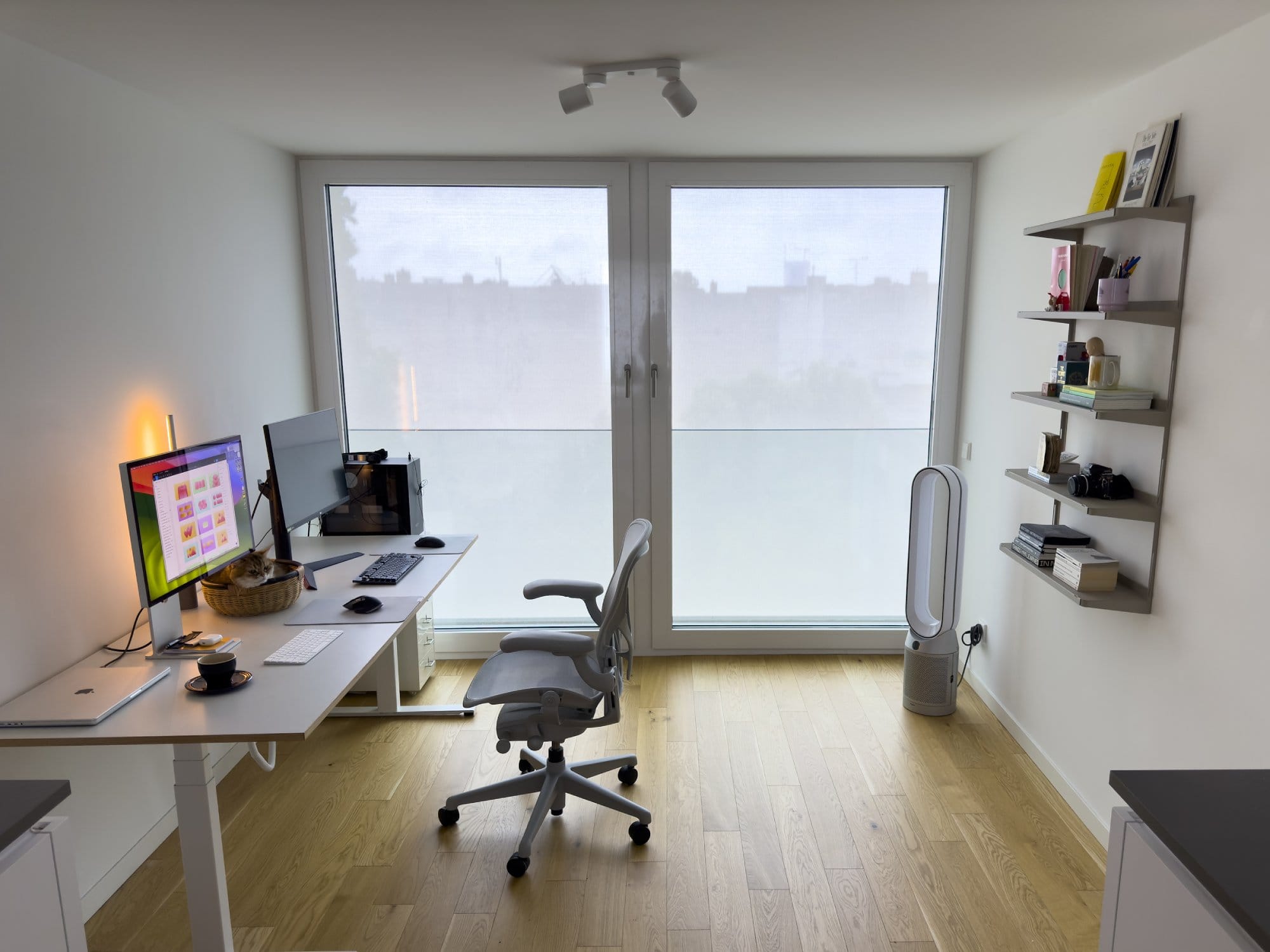 A bright and minimalist home office featuring an Apple Studio Display and LG UltraGear monitor on an automatic standing desk, a Herman Miller Aeron chair, and a Dyson TP07 Purifier Cool, with a cat resting in a basket