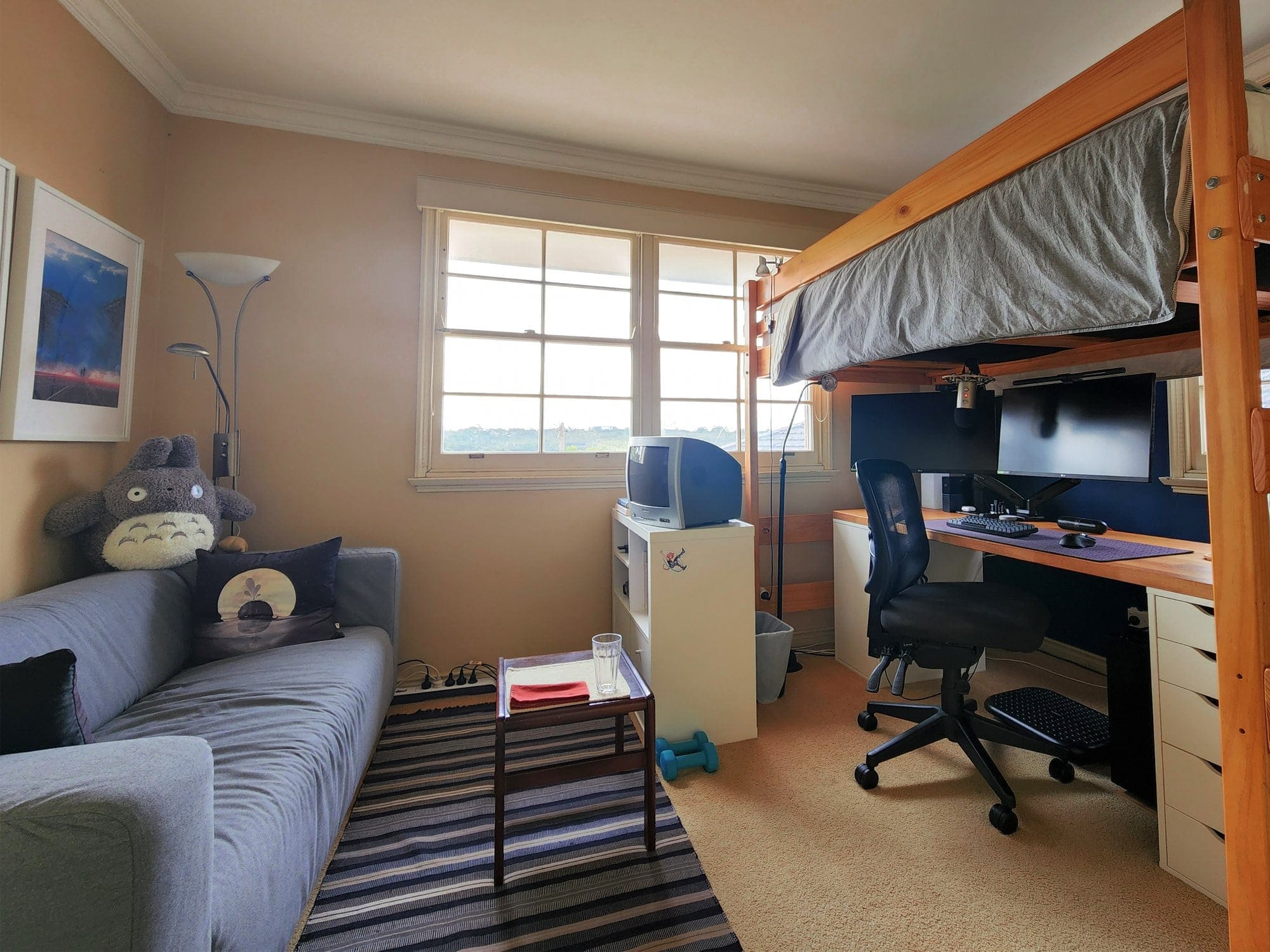 A cosy and multifunctional room featuring a loft bed with a neatly arranged workspace underneath, complete with dual monitors and a comfortable office chair, alongside a small sofa adorned with a Totoro plushie and pillows