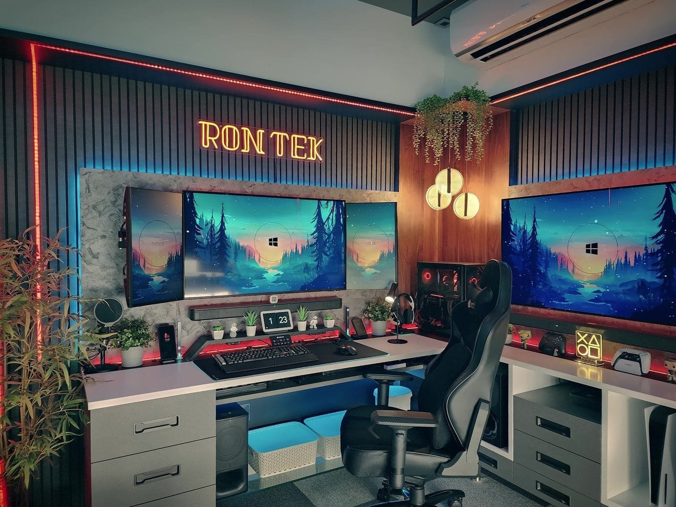 A vibrant and immersive gaming setup featuring a triple-monitor display with a matching forest-themed wallpaper, a sleek gaming chair, and custom RGB lighting