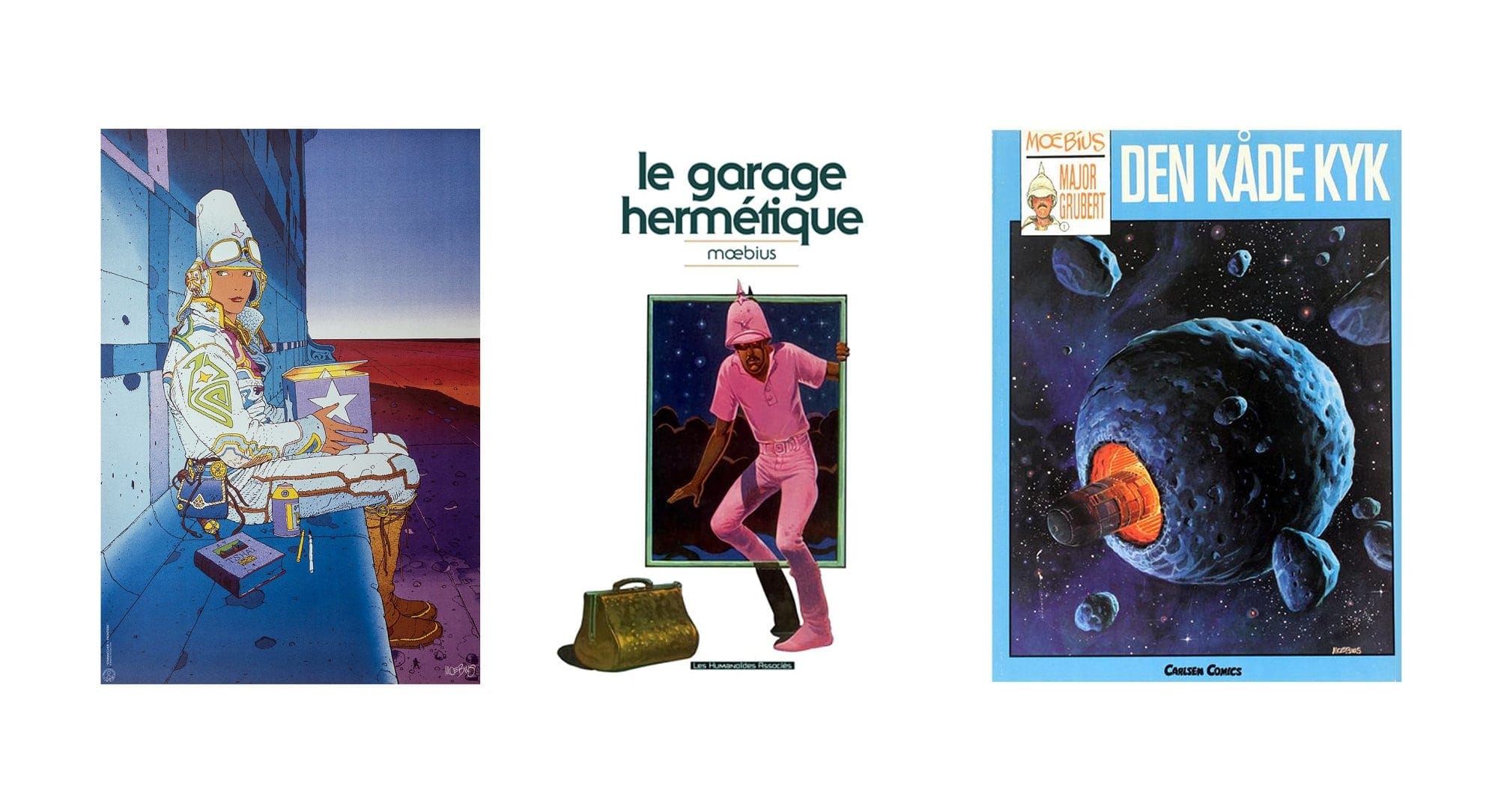 This image shows three comic book covers by the artist Moebius. The first cover features a futuristic figure in white sitting against a wall, holding a star-emblazoned object. The middle cover titled Le Garage Hermétique depicts a man dressed in pink stepping through a framed window-like portal. The third cover shows a space scene with an asteroid-like object and the title Den Kåde Kyk with Major Grubert, another well-known Moebius character, in the corner