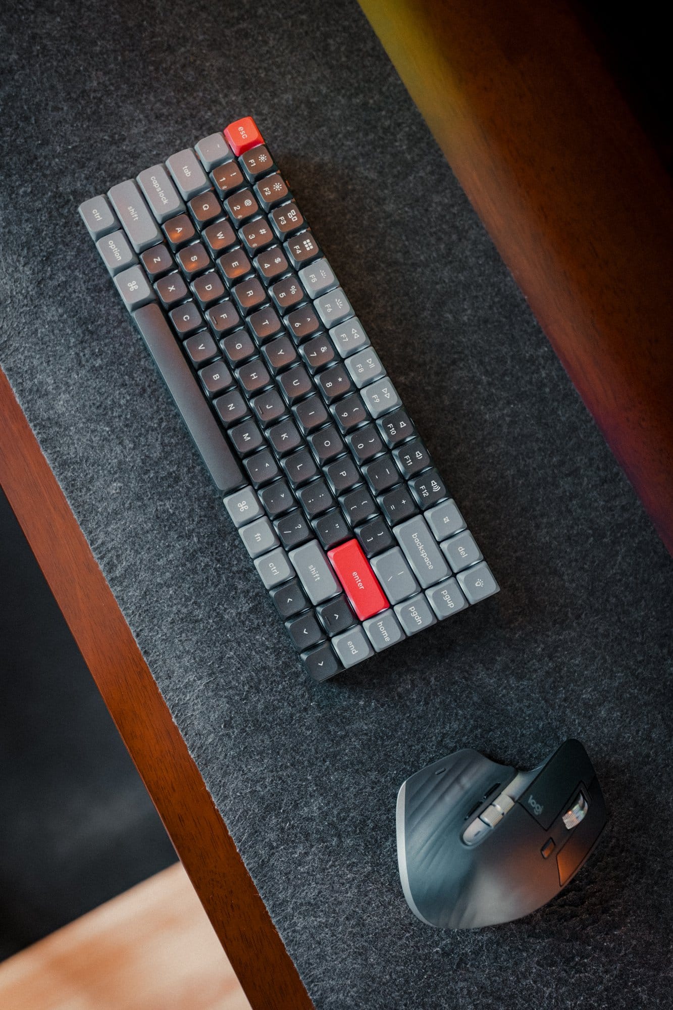 Close-up of a Keychron K3 Pro keyboard and a Logitech MX Master 3S mouse placed on a Desky Cork and Felt Desk Pad