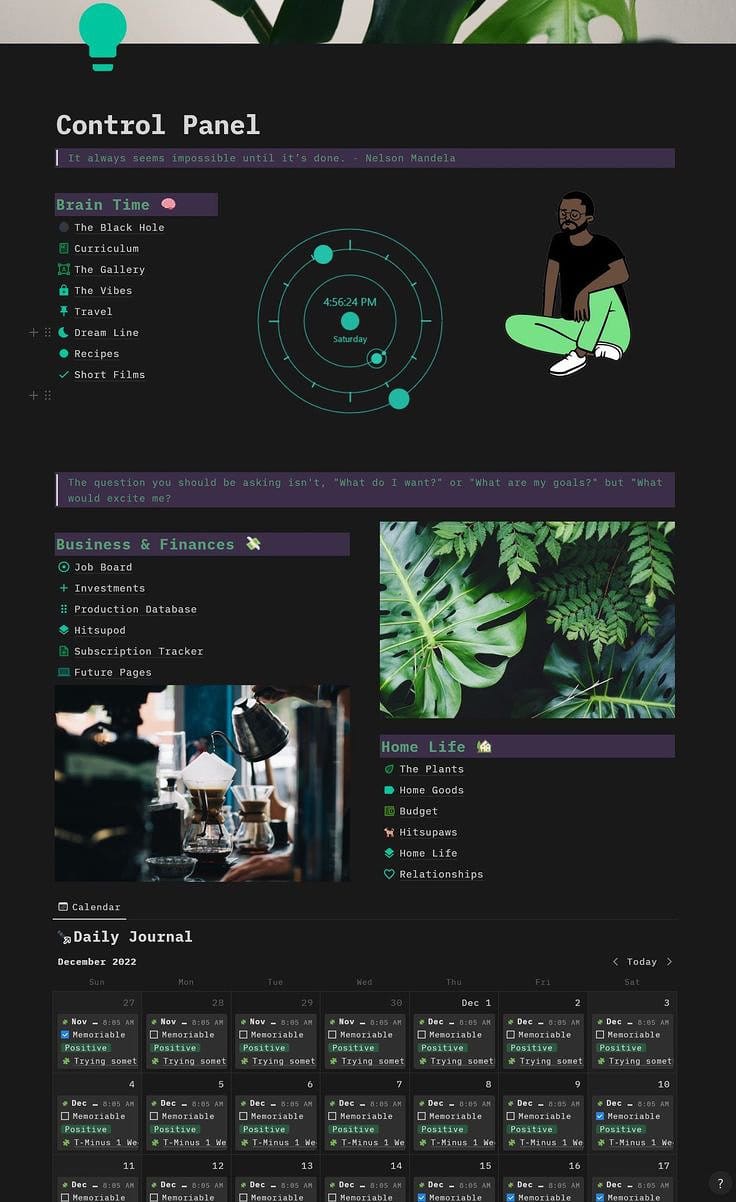 A Notion digital dashboard displaying sections for Brain Time, Business & Finances, and Home Life, along with a daily journal and calendar, all presented on a dark-themed interface with illustrations and widgets