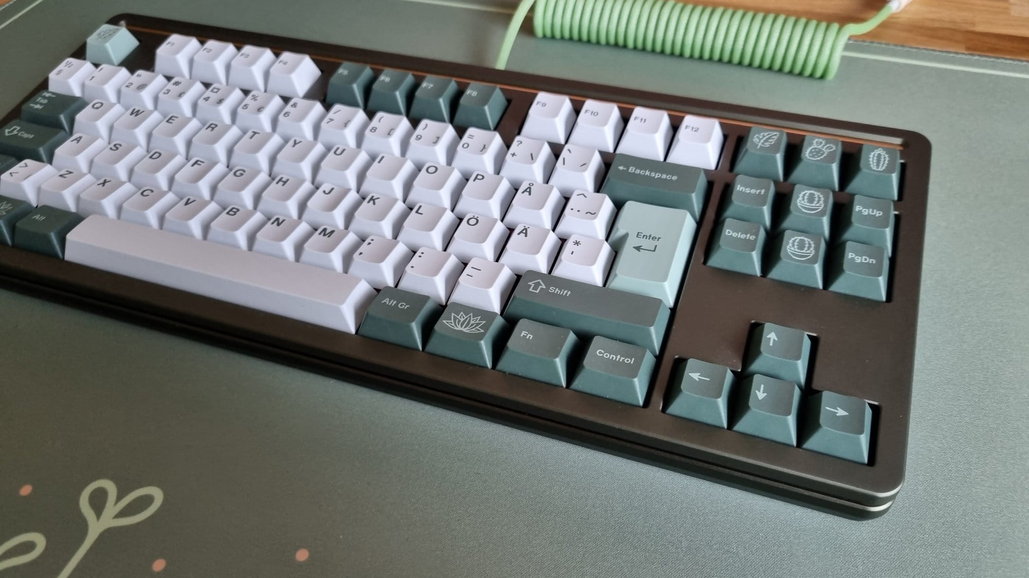 Close-up of a Mode Loop TKL keyboard with custom keycaps on a Drop + Serika desk mat