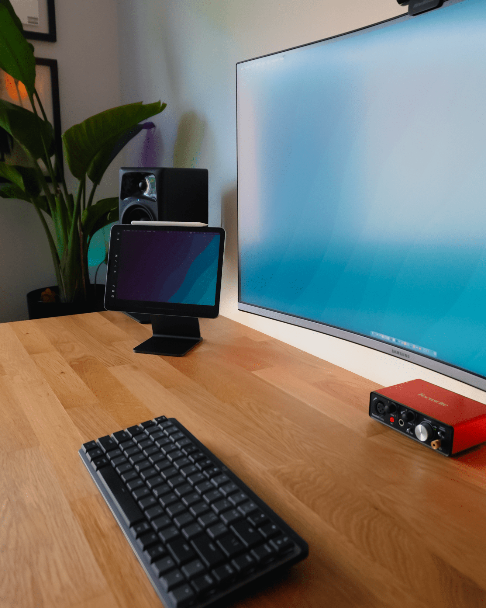 A desk setup with a Samsung LU32R590CWNXZA monitor, an iPad Air on an Elago Stand, a Logitech MX Mechanical Mini keyboard, and a Focusrite audio interface, placed on an IKEA KARLBY oak desk, with an M-Audio AV32 speaker and a large plant in the background