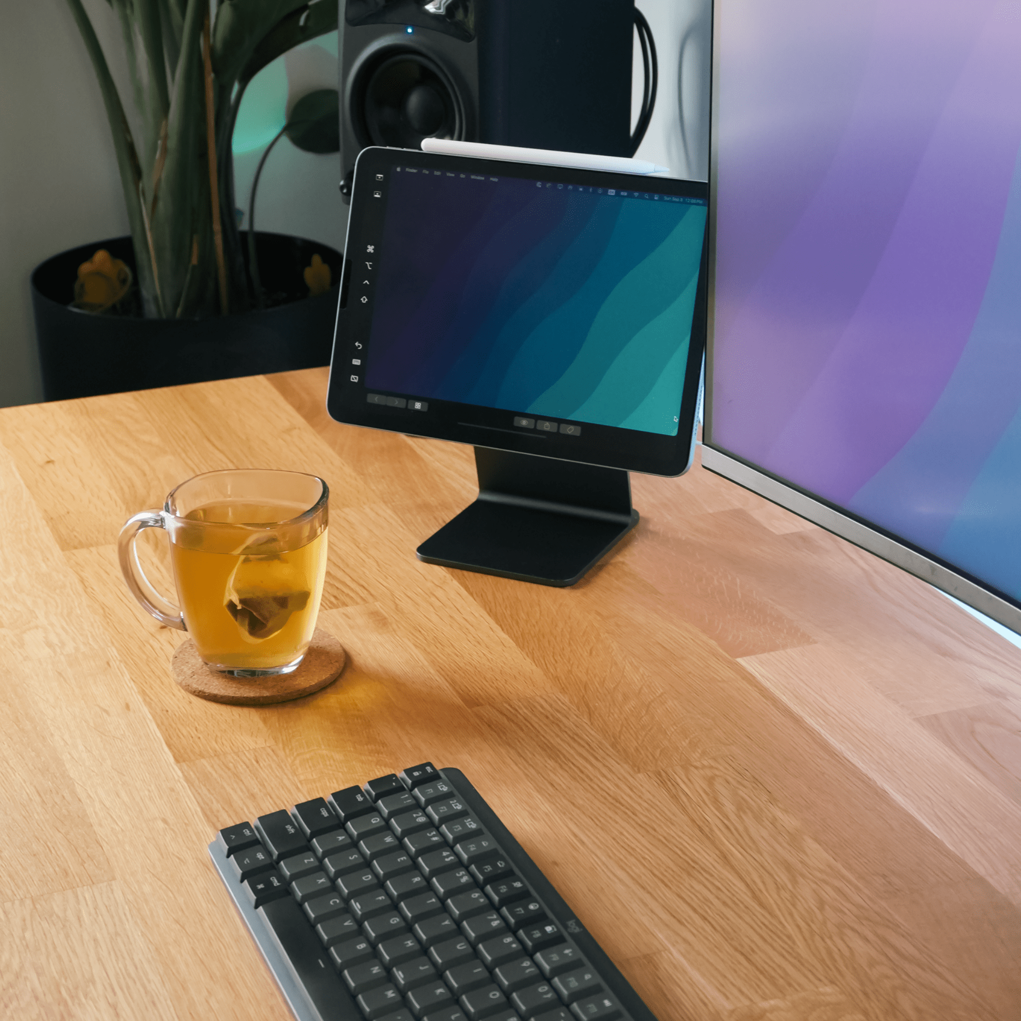 A Logitech MX Mechanical Mini keyboard, a cup of tea, an iPad Air on an Elago Stand, and a Samsung LU32R590CWNXZA monitor are arranged on an IKEA KARLBY oak desk, with an M-Audio AV32 speaker and a plant in the background