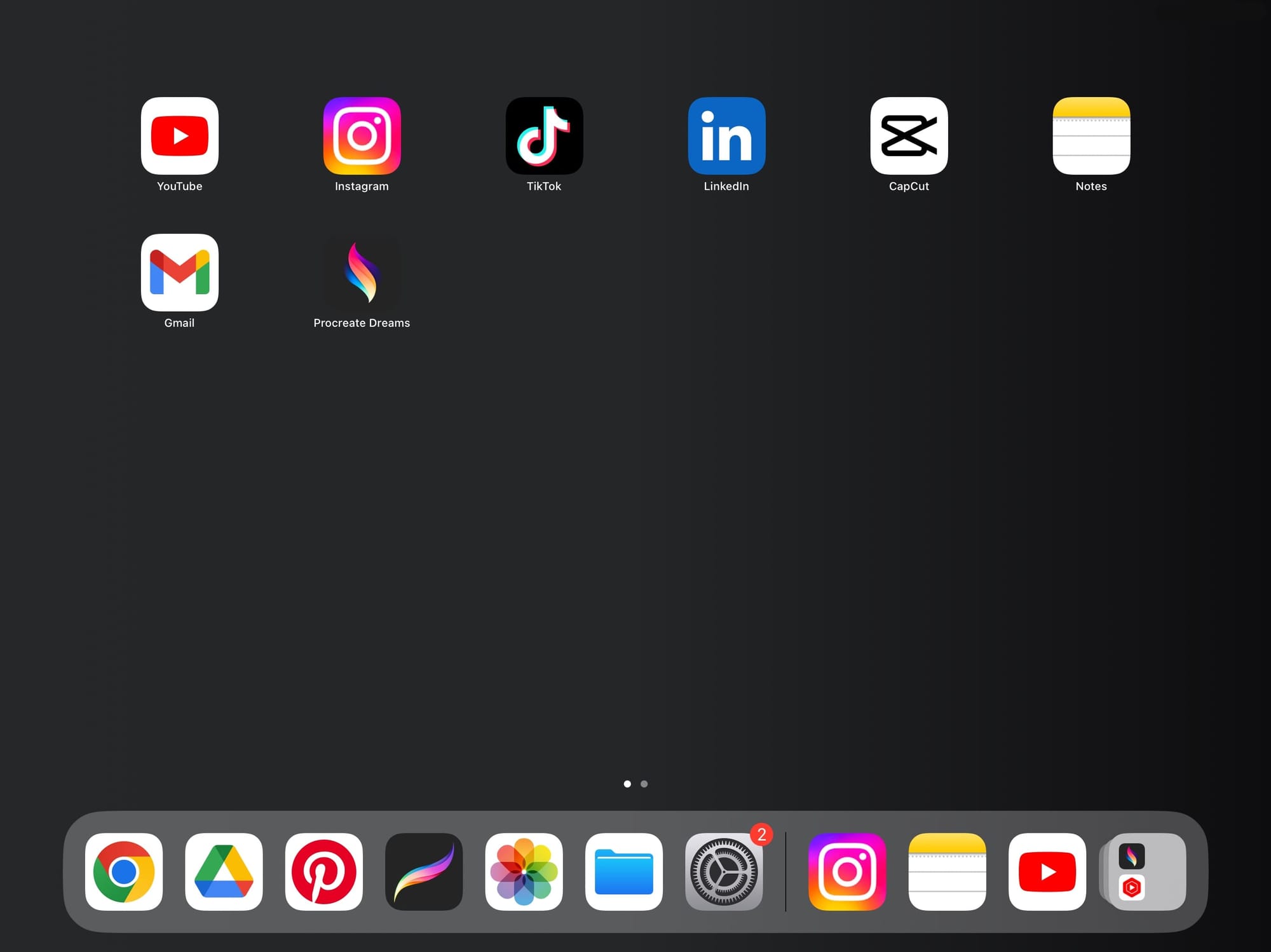 A screenshot of an iPad home screen with apps like YouTube, Instagram, TikTok, LinkedIn, CapCut, Gmail, Procreate Dreams, and Notes displayed at the top, while the dock contains Chrome, Google Drive, Pinterest, Procreate, Photos, Settings, Instagram, Notes, YouTube, and Procreate Dreams