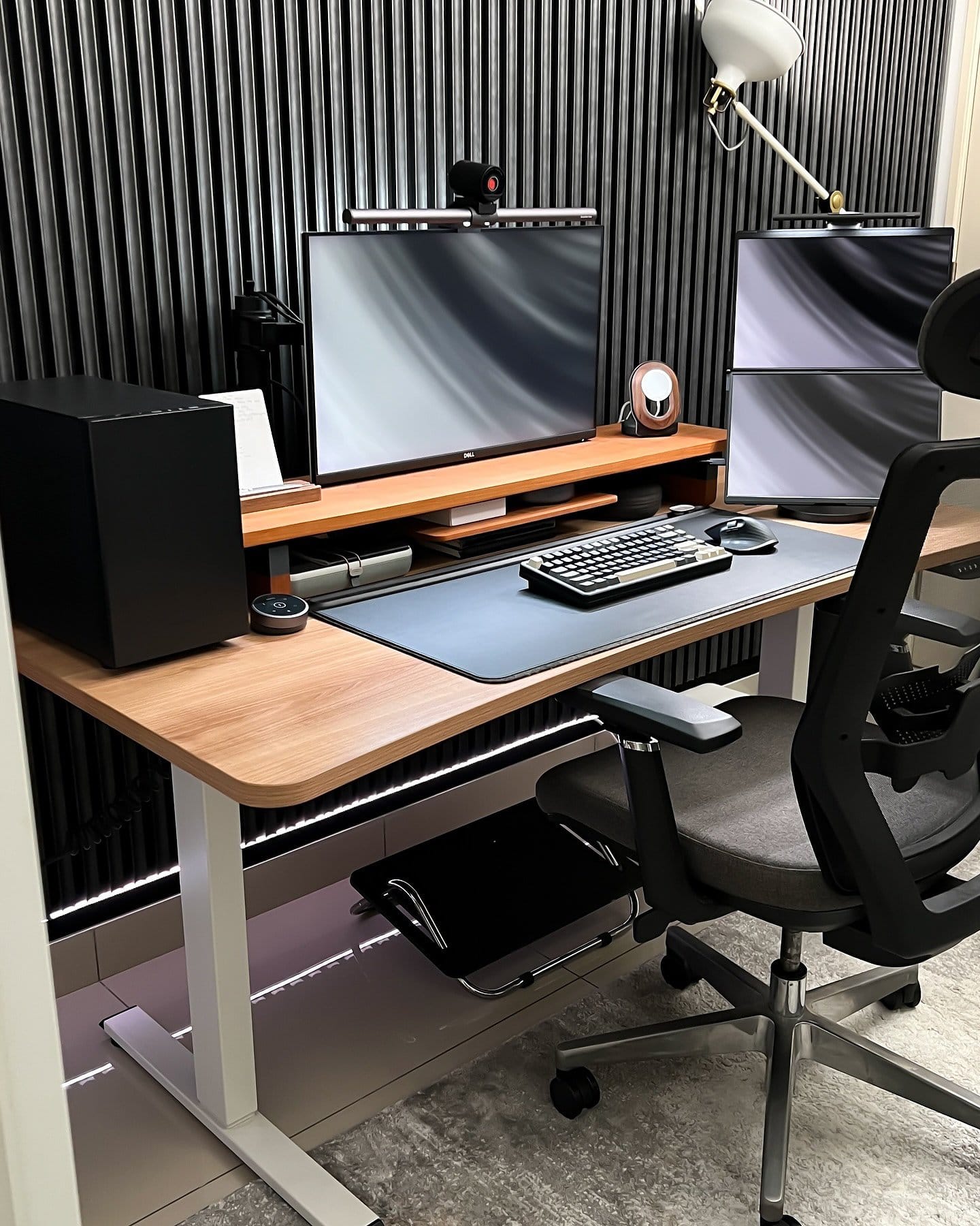 A minimal desk setup with a Dell monitor equipped with a BenQ Screenbar Halo, an Elecfox Inky 75 keyboard, a Logitech MX Master 3 mouse on an Orbitkey desk mat, and a JSAUX FlipGo dual-screen portable monitor on a Lone Birch desk shelf