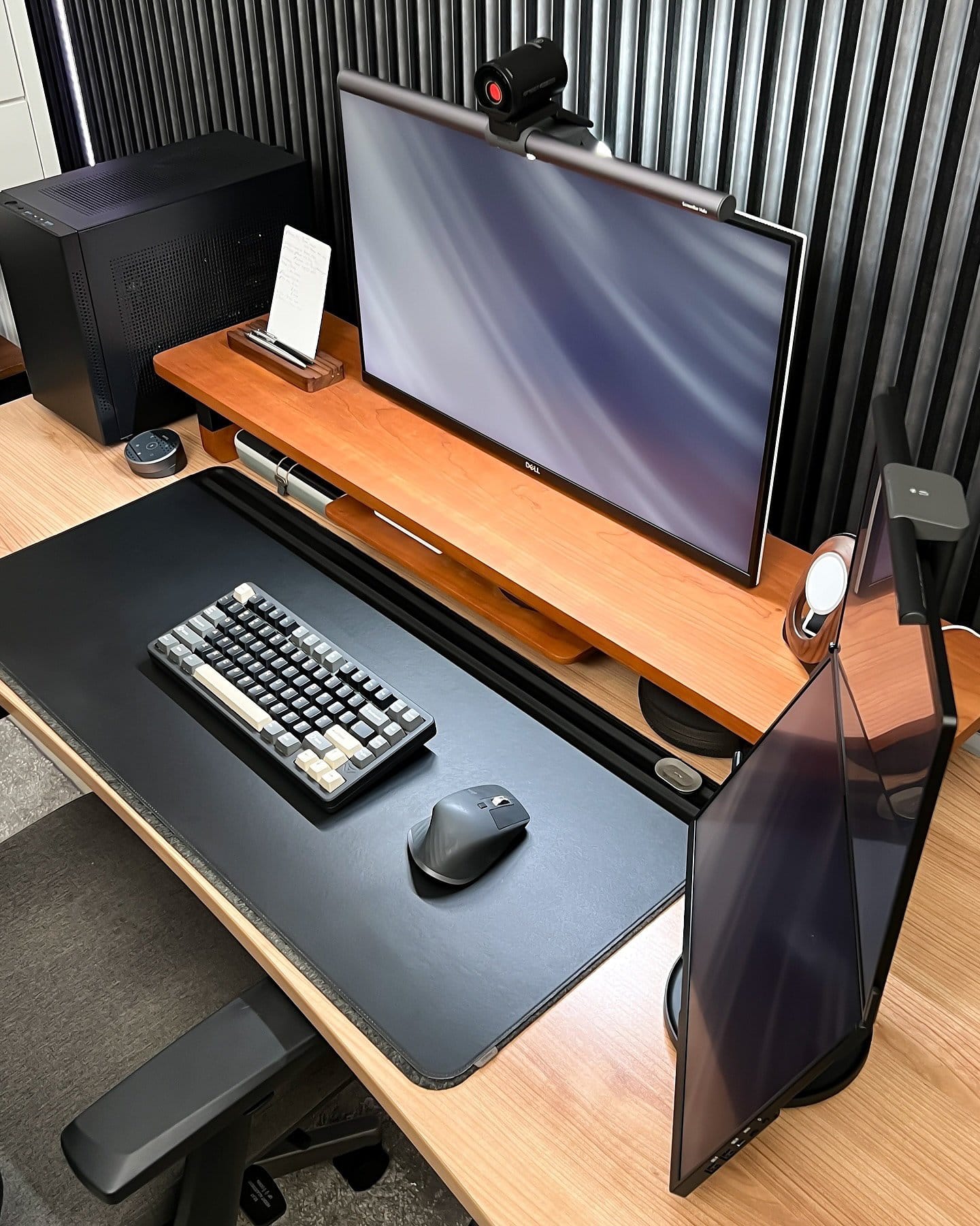 A home office desk setup with a Dell monitor equipped with a BenQ Screenbar Halo and an Emeet S800 webcam, an Elec Fox Inky 75 keyboard, a Logitech MX Master 3 mouse on an Orbitkey desk mat, and a JSAUX FlipGo dual-screen portable monitor