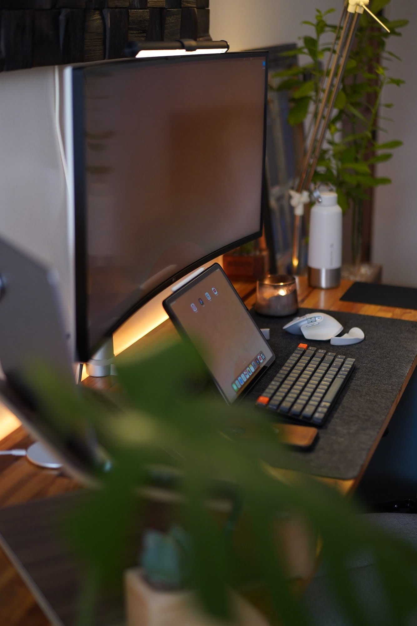 A curved monitor with a light bar, an iPad Pro, a mechanical keyboard, and a mouse arranged on a desk mat, with blurred greenery in the foreground