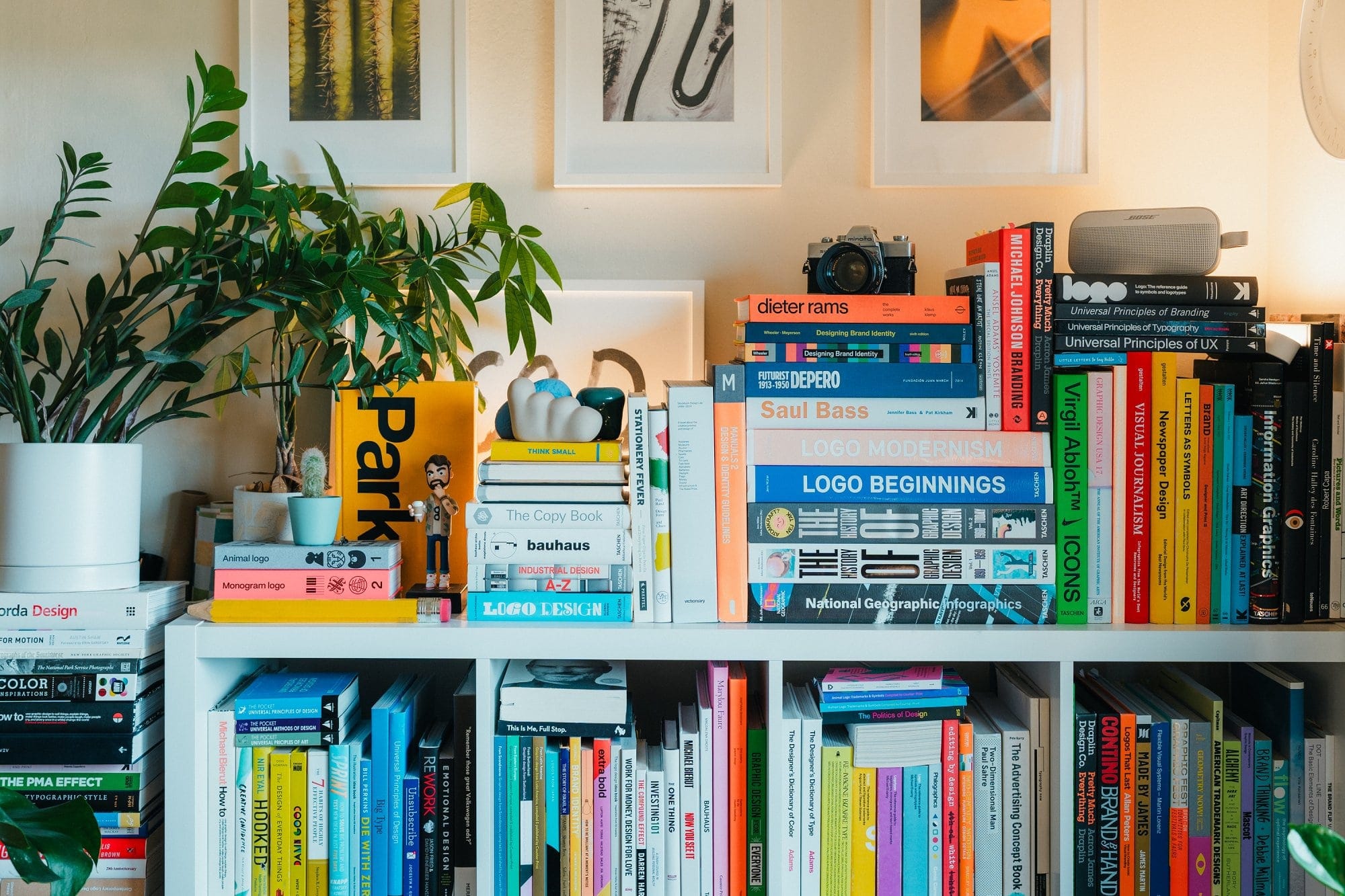 A bookshelf filled with vibrant design and branding books, potted plants, framed wall art above, and items like a vintage camera and Bose speaker placed on top