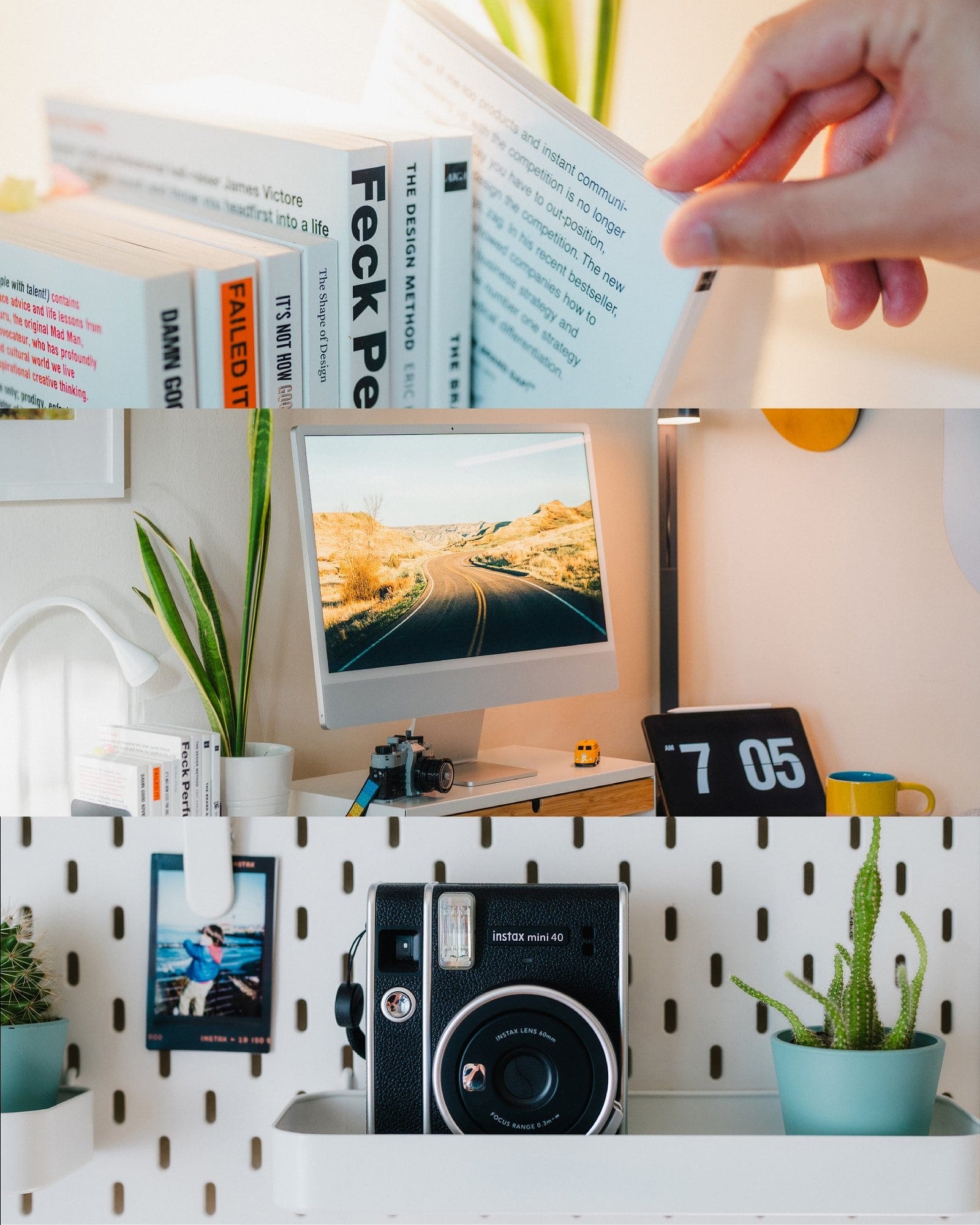 A collage of three photos: the top image shows a hand flipping through design books, the middle features an Apple Studio Display on a desk, and the bottom highlights a pegboard shelf with a Fujifilm Instax Mini 40 camera and potted cacti