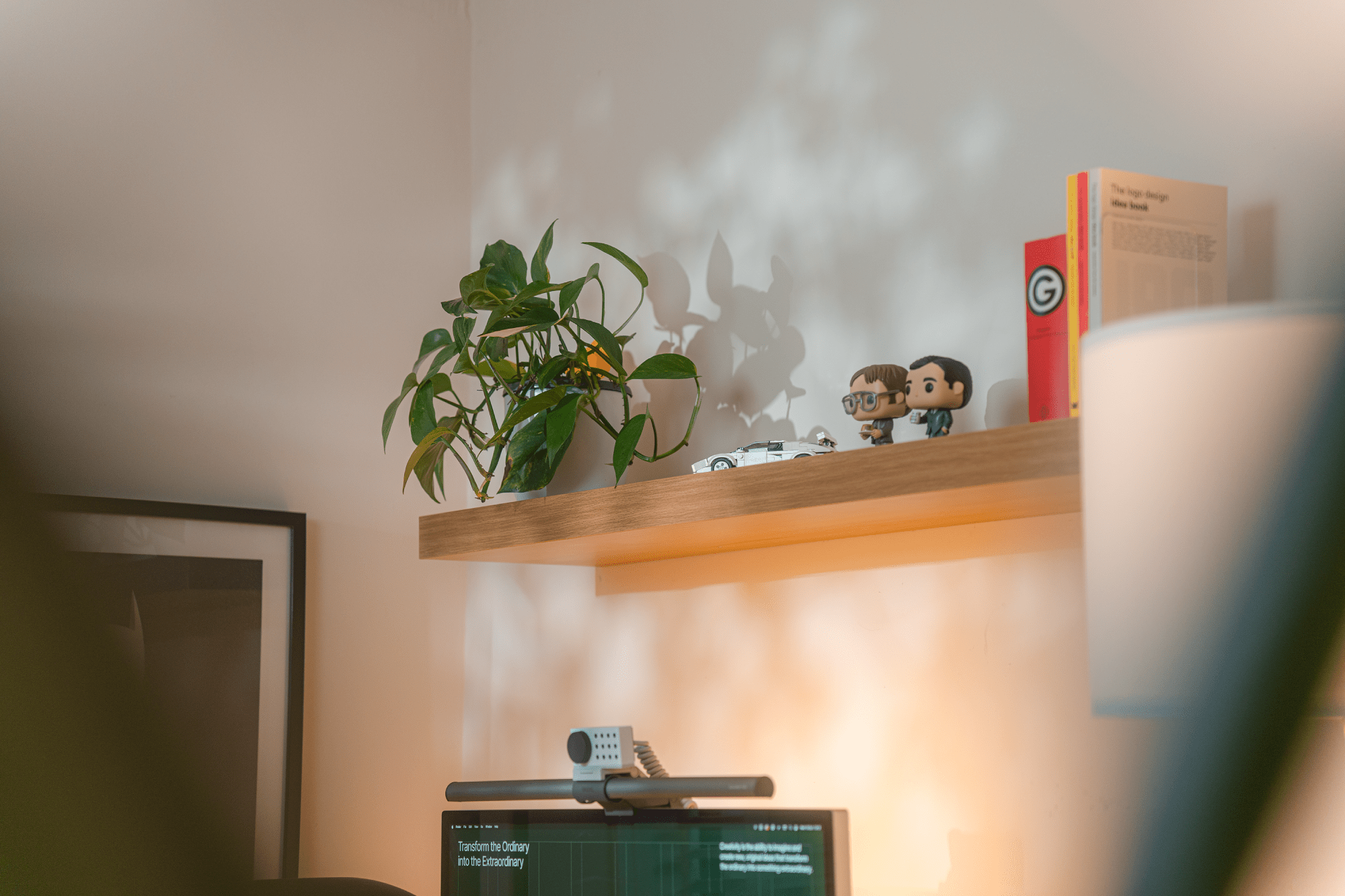 A wooden shelf holding a potted plant, a LEGO car, two collectible figures, and books, with soft light creating shadows on the wall