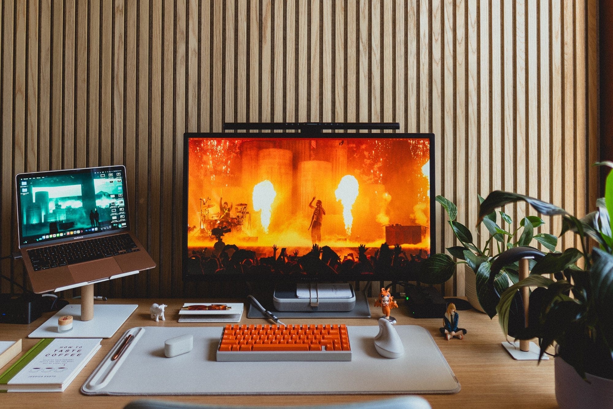 A desk setup with an M1 MacBook Air on an Ugmonk laptop stand next to an HP Pavilion monitor displaying concert visuals, a KMG B65 keyboard with DCX Topaz keycaps, a Logitech Lift mouse, and a variety of plants surrounding the workspace