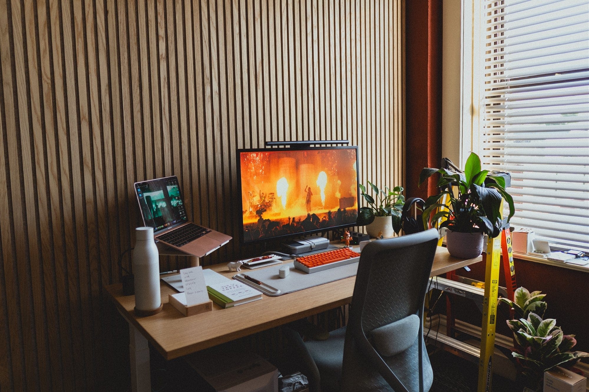 A desk setup with a M1 MacBook Air on an Ugmonk stand, an HP Pavilion monitor displaying a concert scene, KMG B65 keyboard with DCX Topaz keycaps, Logitech Lift mouse, and plants by the window