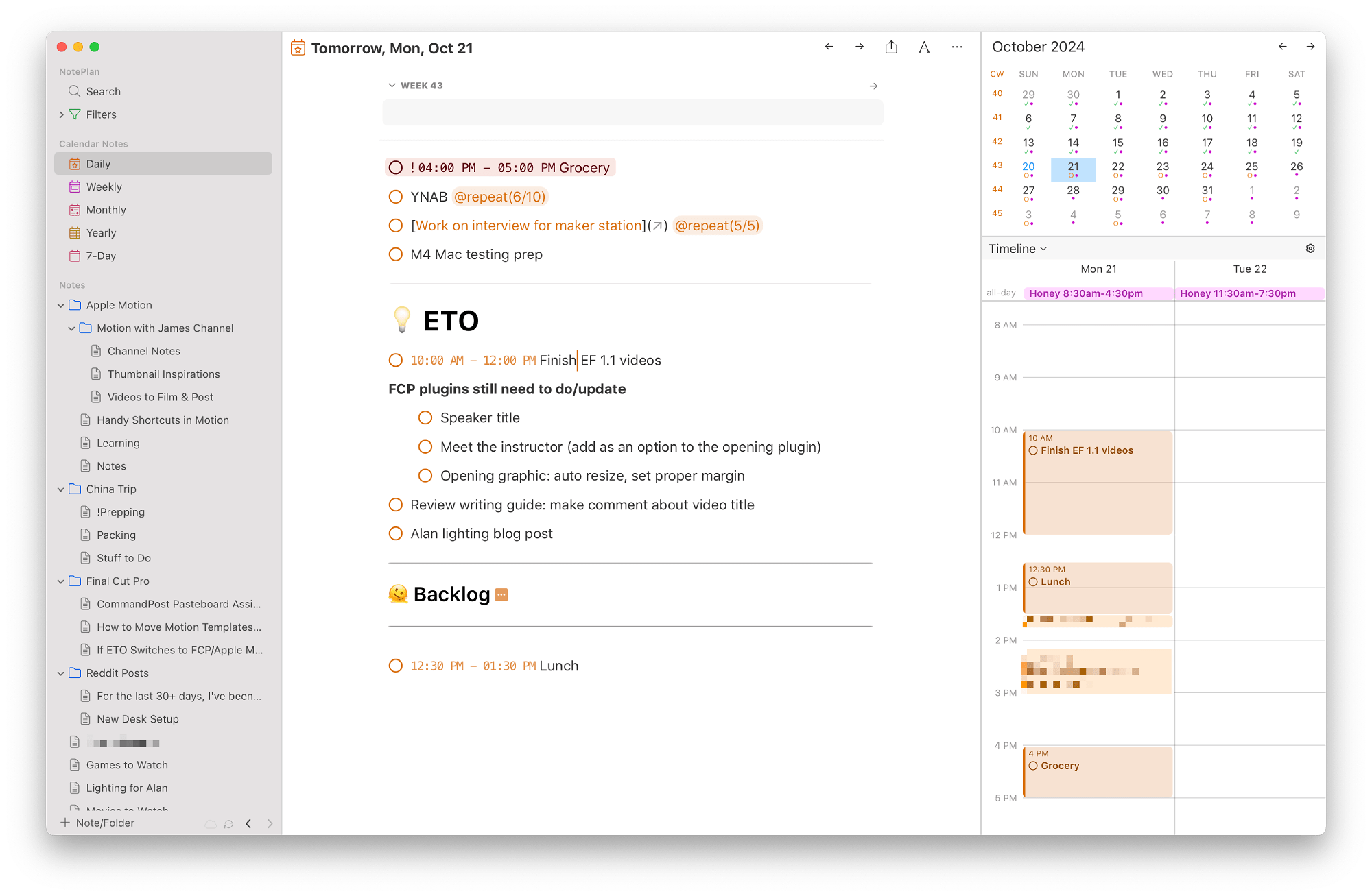 A screenshot of a digital planning app NotePlan displaying a daily agenda