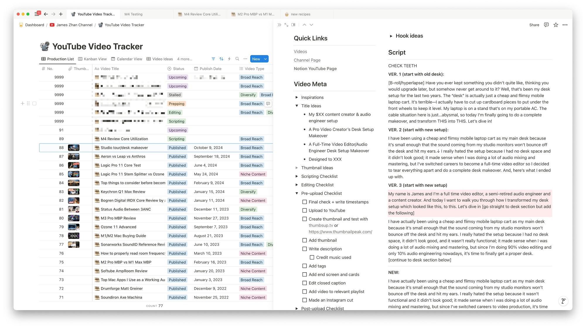 A screenshot showing a YouTube Video Tracker in a Notion workspace