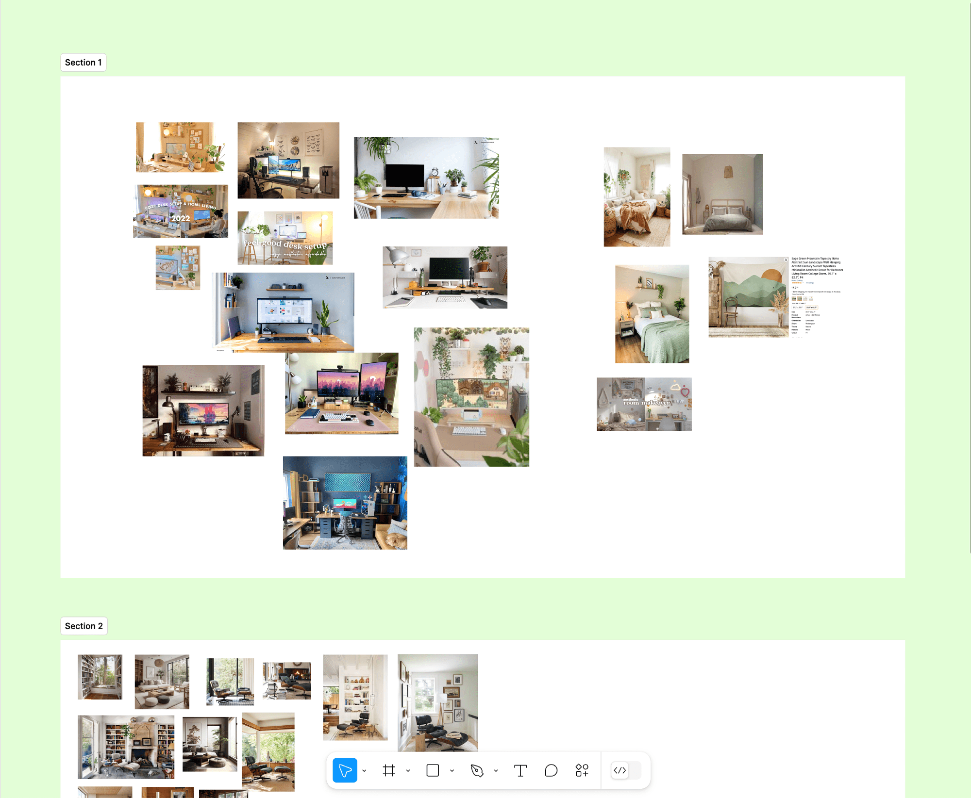 A digital mood board with sections labeled “Section 1” and ”Section 2,” displaying various interior design inspiration images, including desk setups, bedrooms, and living spaces with natural elements