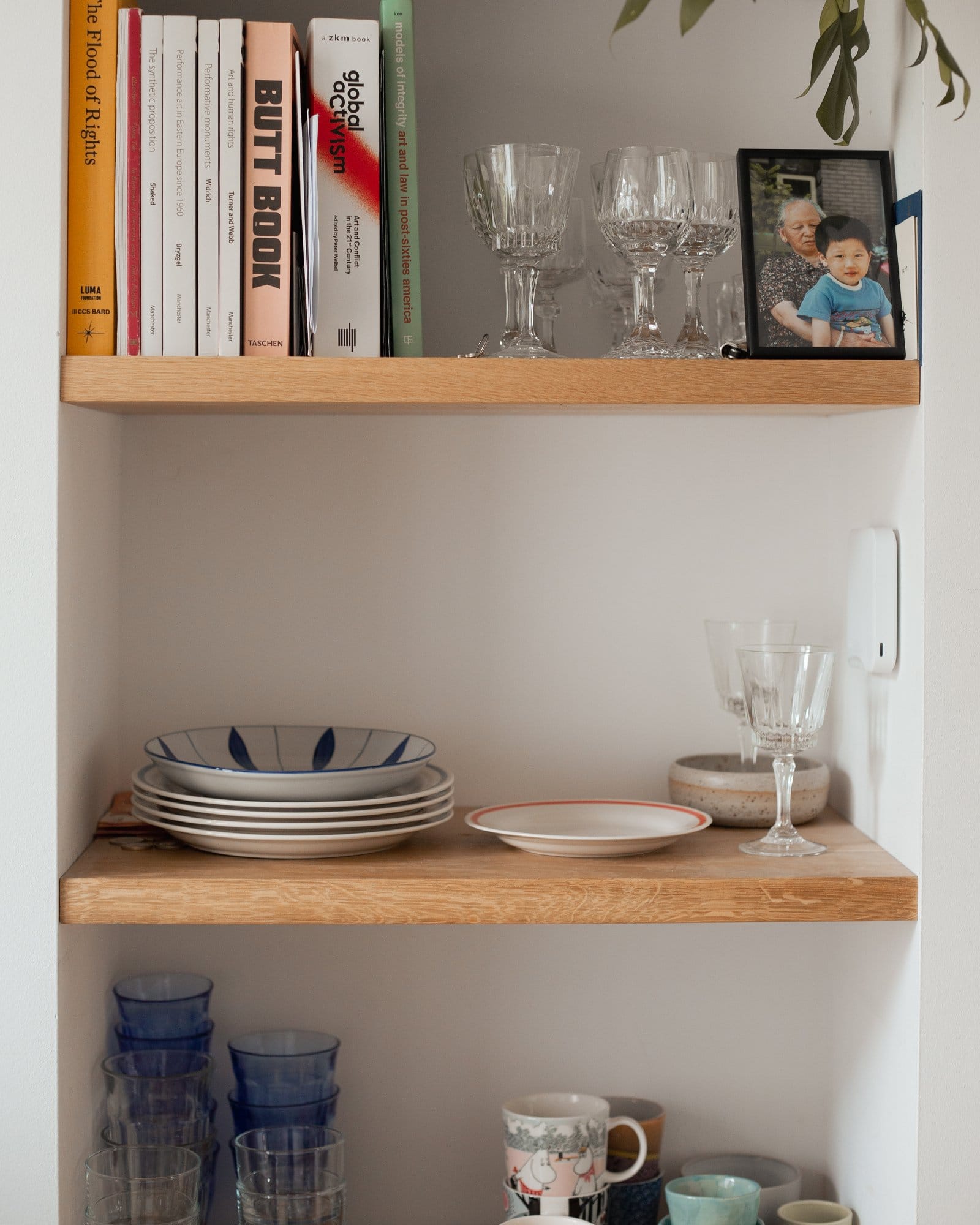 A wooden shelf unit with books, crystal wine glasses, a framed photo, stacked plates, and an assortment of glassware and mugs