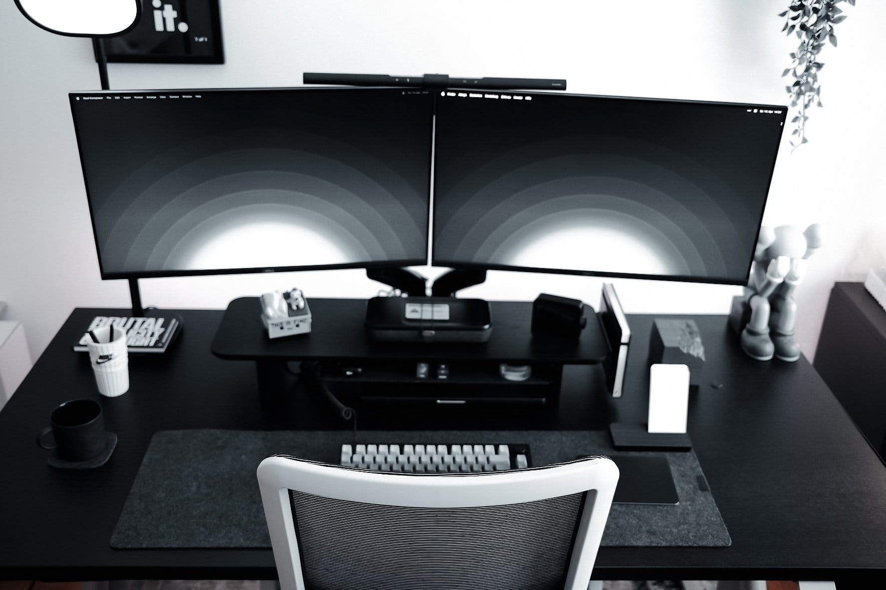 A monochrome desk setup with two Dell monitors