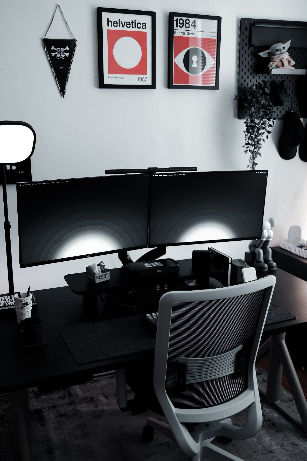 A dual Dell S2721QSA 27″ monitor workspace setup in black and white