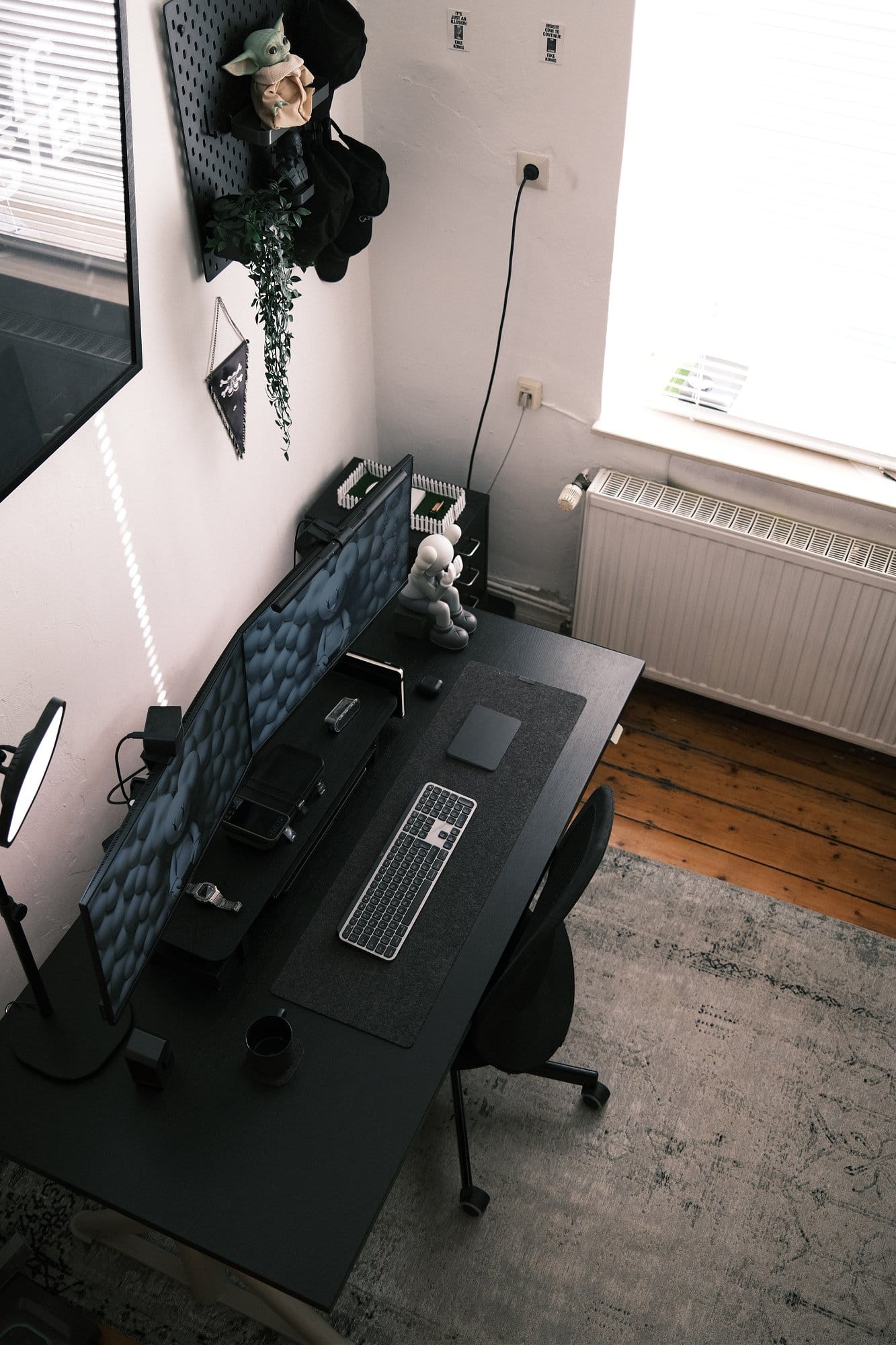 A dual Dell S2721QSA 27″ monitor home office setup with a MonsGeek M1 keyboard and an Apple Magic Trackpad