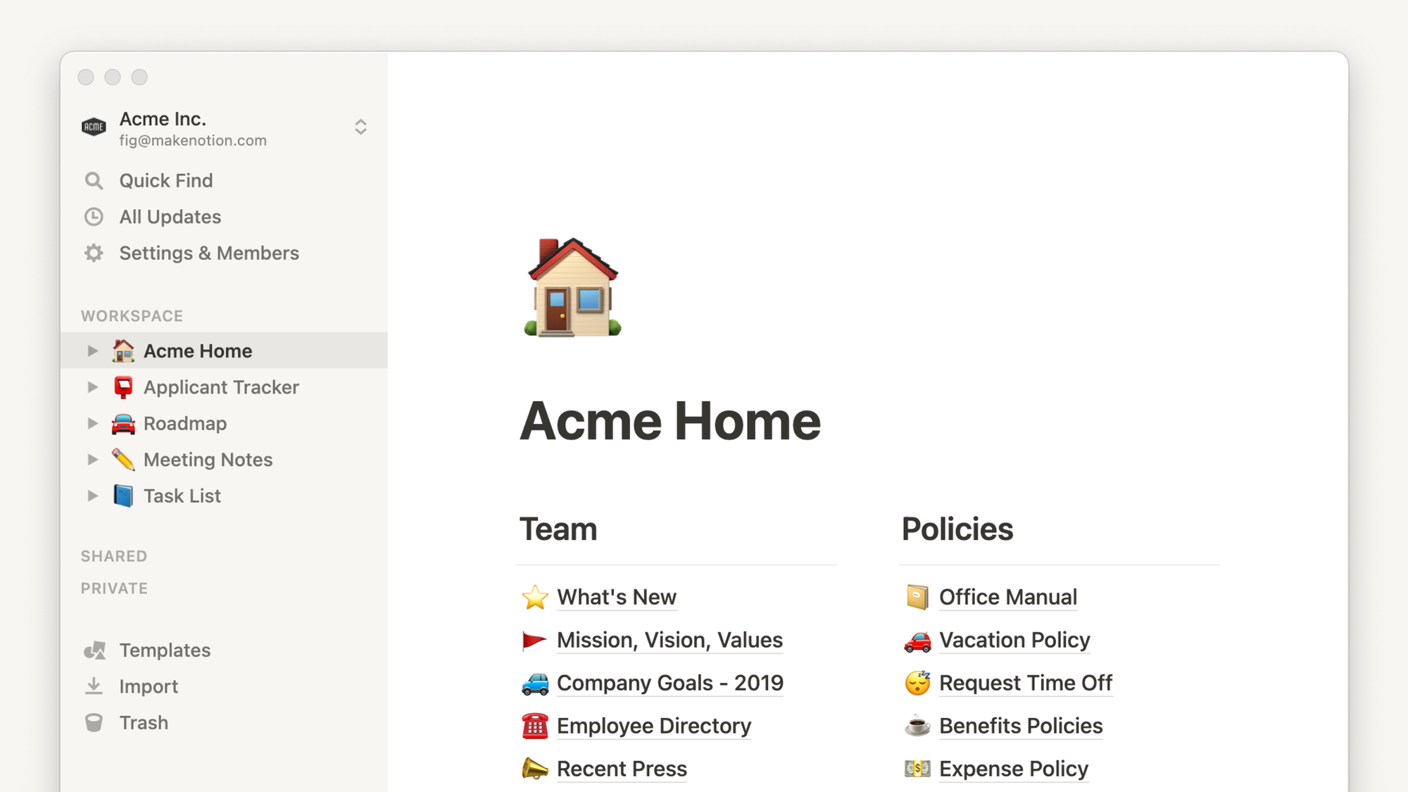 The image shows a Notion workspace titled “Acme Home” with a sidebar listing sections like Applicant Tracker, Roadmap, Meeting Notes, and Task List. The main page displays Team and Policies sections with links to documents such as Mission, Vision, Values, Vacation Policy, and Expense Policy