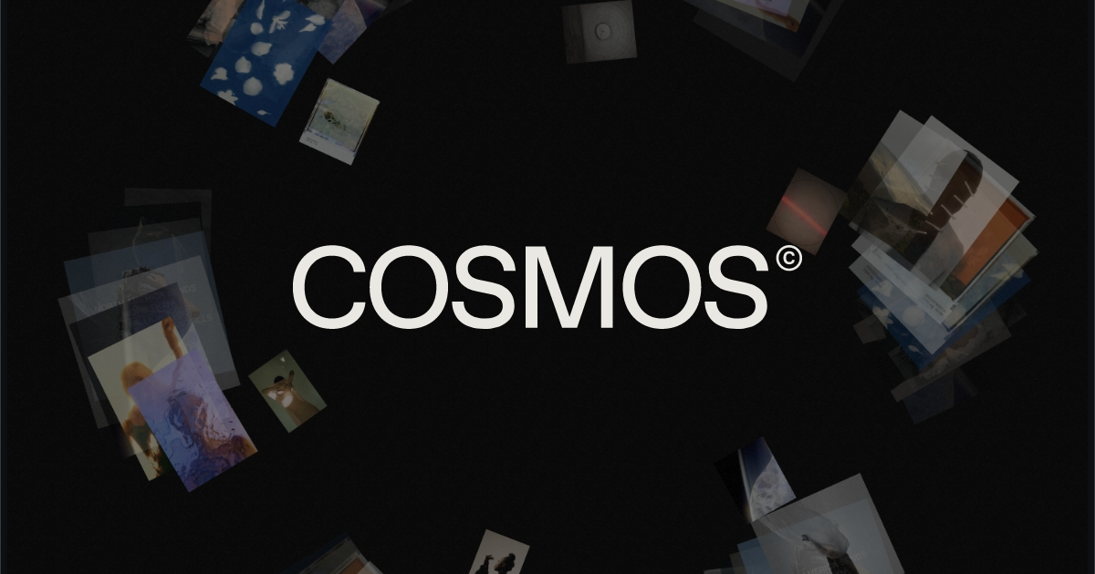 A Cosmos© interface displaying a collection of floating visual artworks and photographs arranged in a circular layout