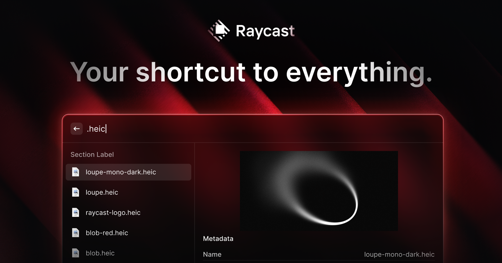 A Raycast interface displaying a search query for .heic files, with results like loupe-mono-dark.heic, raycast-logo.heic, and blob-red.heic