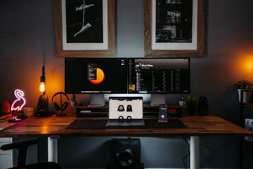 Standing Desk Setup with Dual Apple Studio Displays